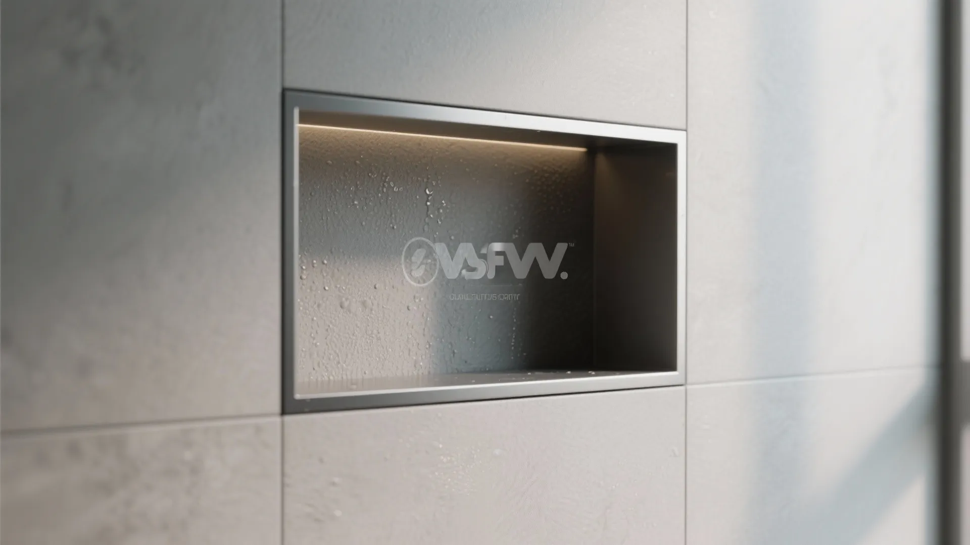 Close-up of a recessed shower niche in matte composite panel with brushed trim and water-resistant finish.