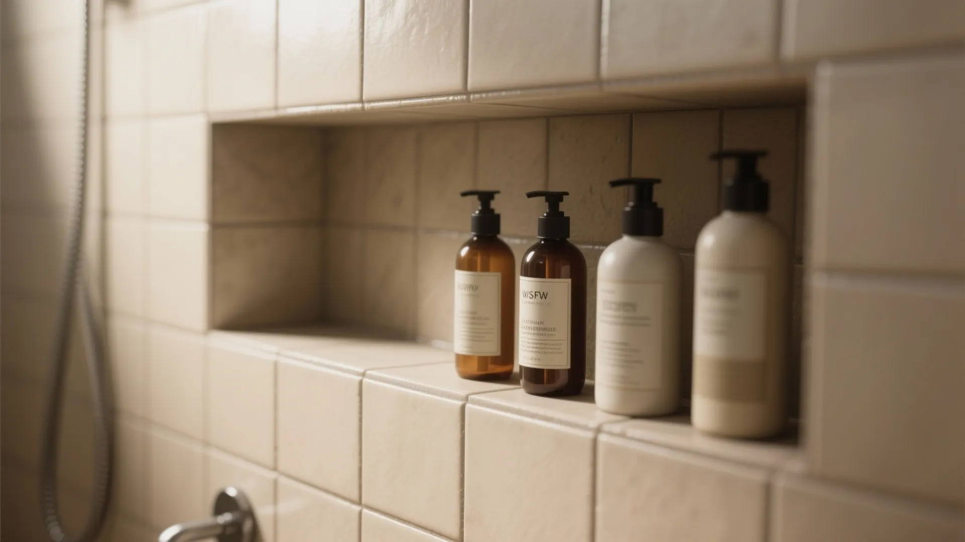 Four brown and white soap bottles sitting inside a tiled wall shelf in a clean bathroom