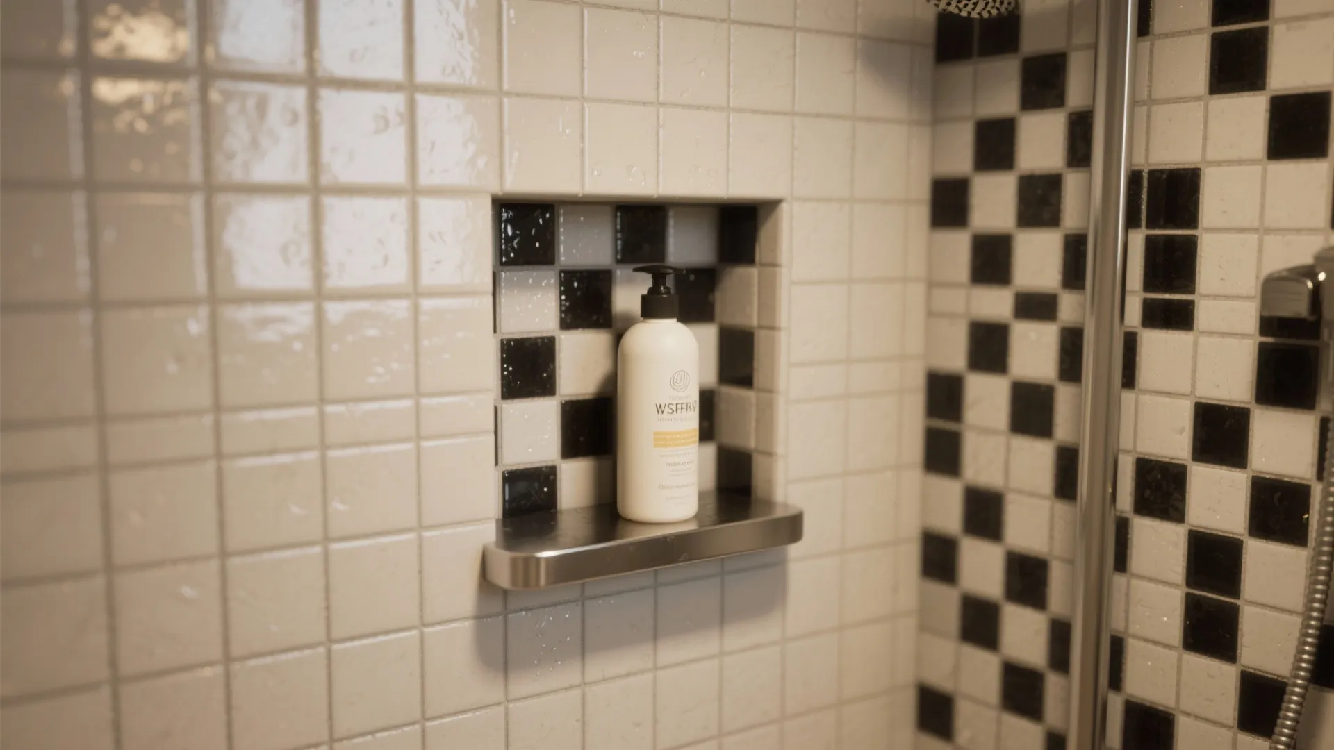 Shower niche lined with small black-and-white mosaic tiles contrasted with matte surrounding wall tiles.