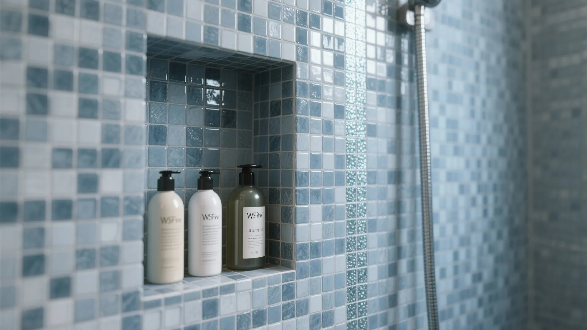 5. Blue-Grey Shower Niche and Accent Mosaic