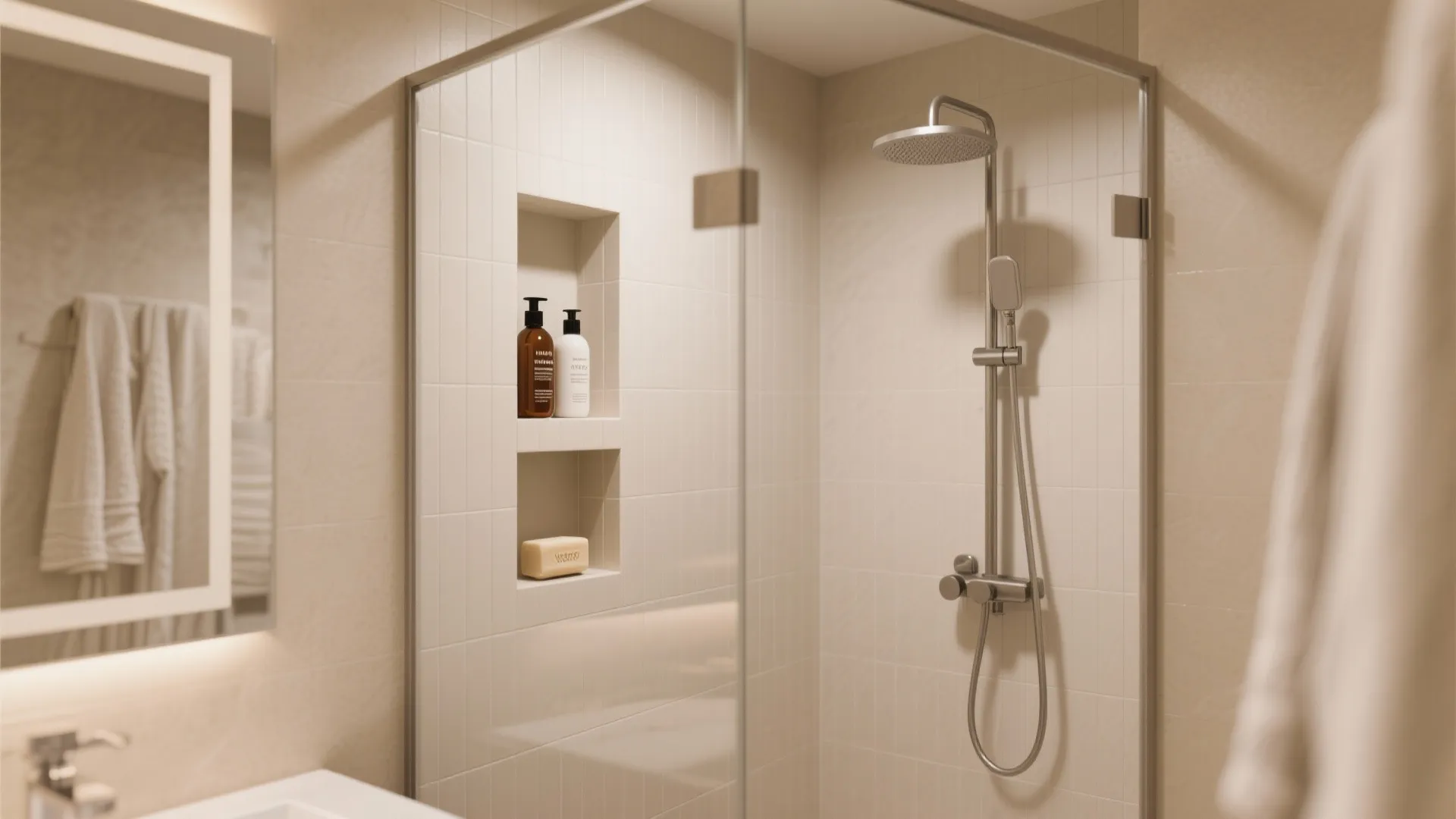 Clean glass shower area with built in wall storage shelves holding soap and shampoo bottles
