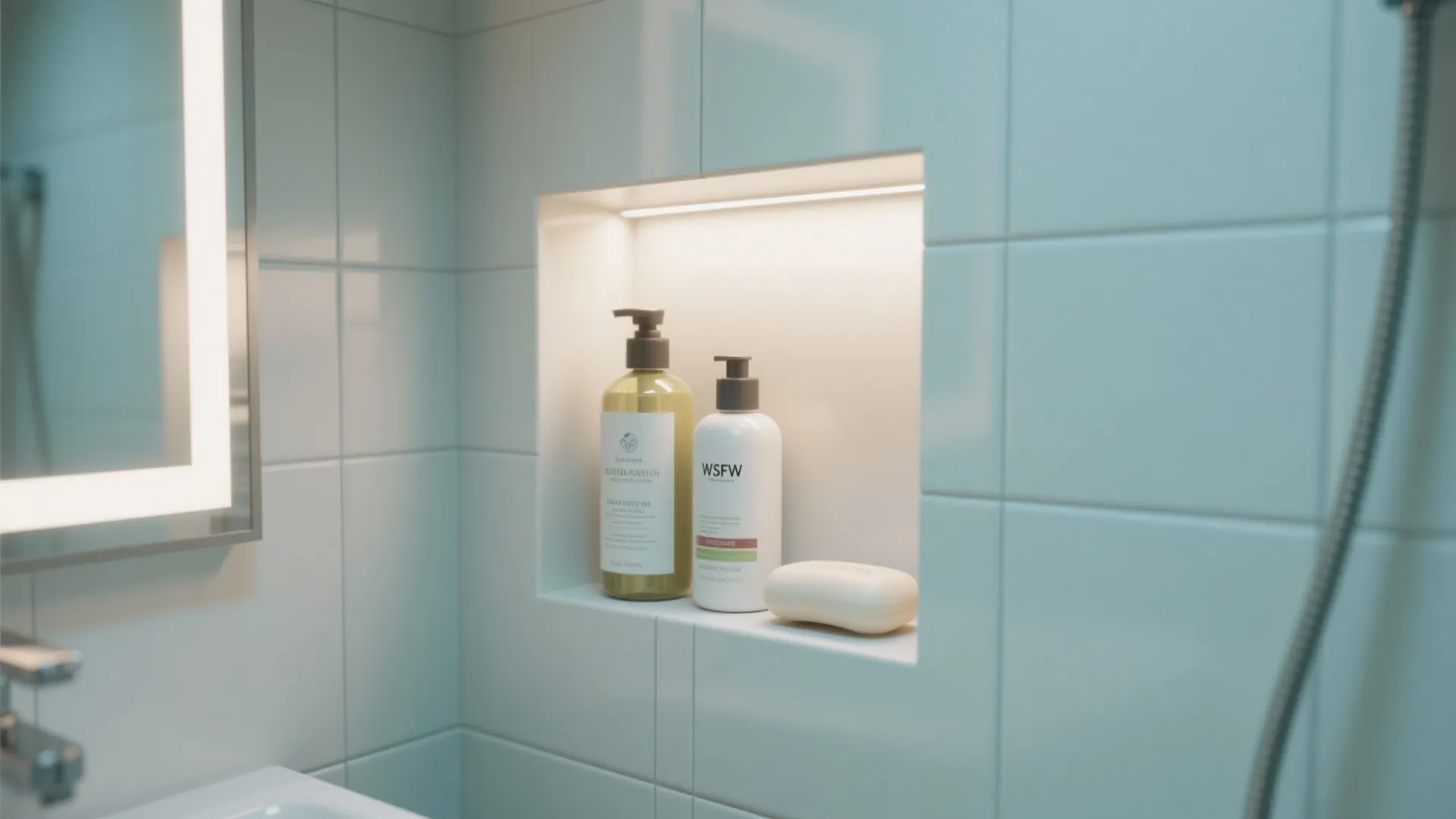 Modern bathroom shower niche with built-in light fixture holding bottles of shampoo and bar soap