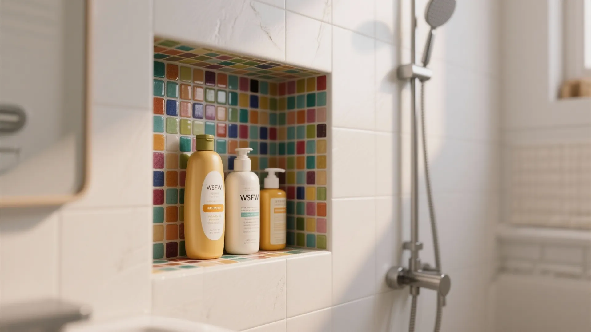 Shower wall shelf with colorful mosaic tiles holding soap bottles next to silver shower head
