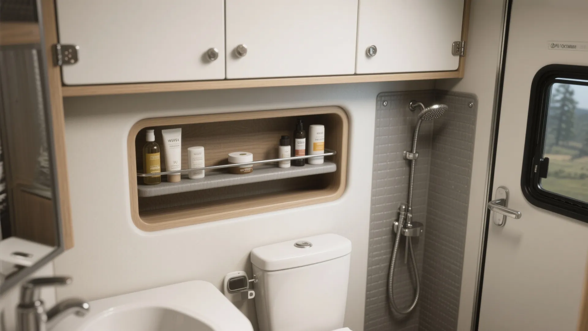 Bathroom shower area with a shower head toilet and a wall shelf holding several bottles