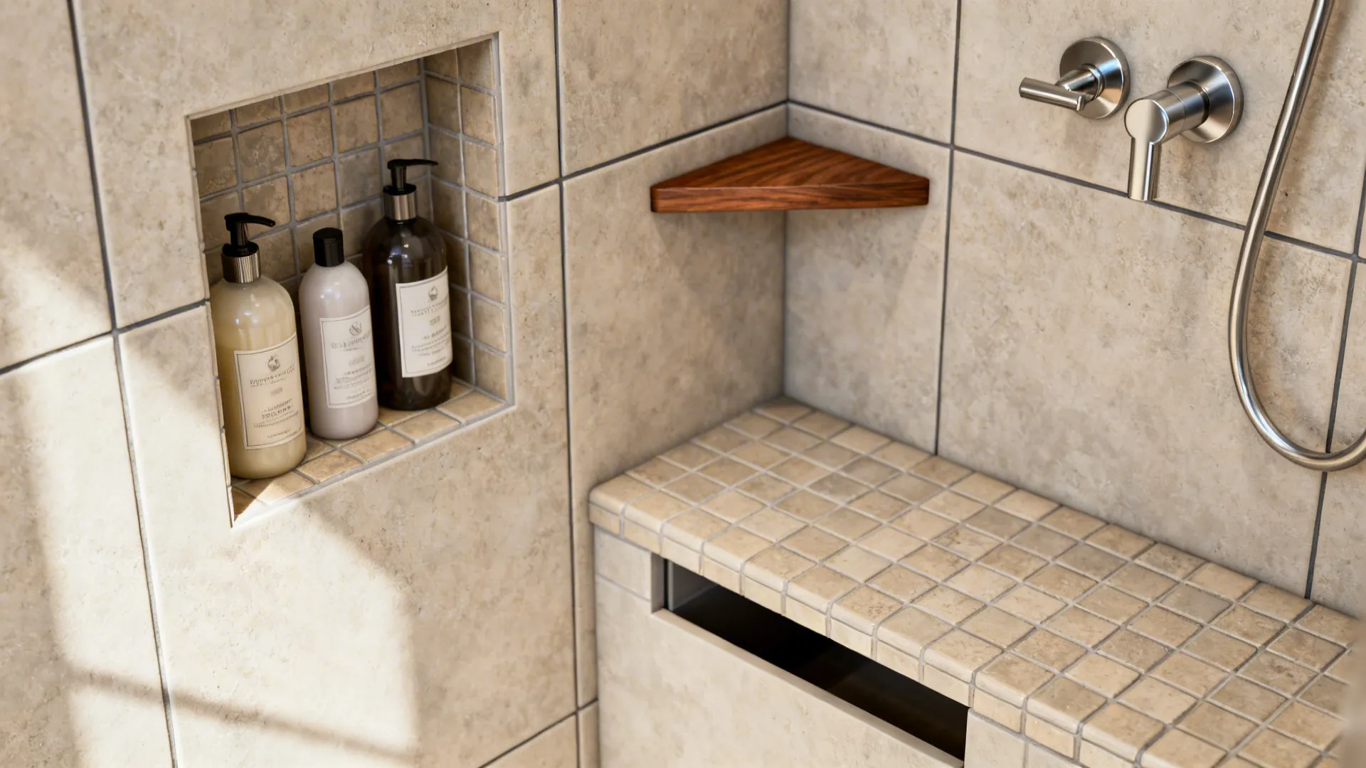 Detail of recessed shower niche and slim corner shelf keeping toiletries organized in a small shower.