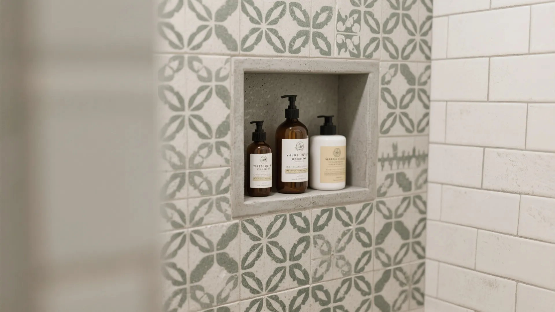 Shower wall with patterned green tiles and a shelf holding three soap and shampoo bottles