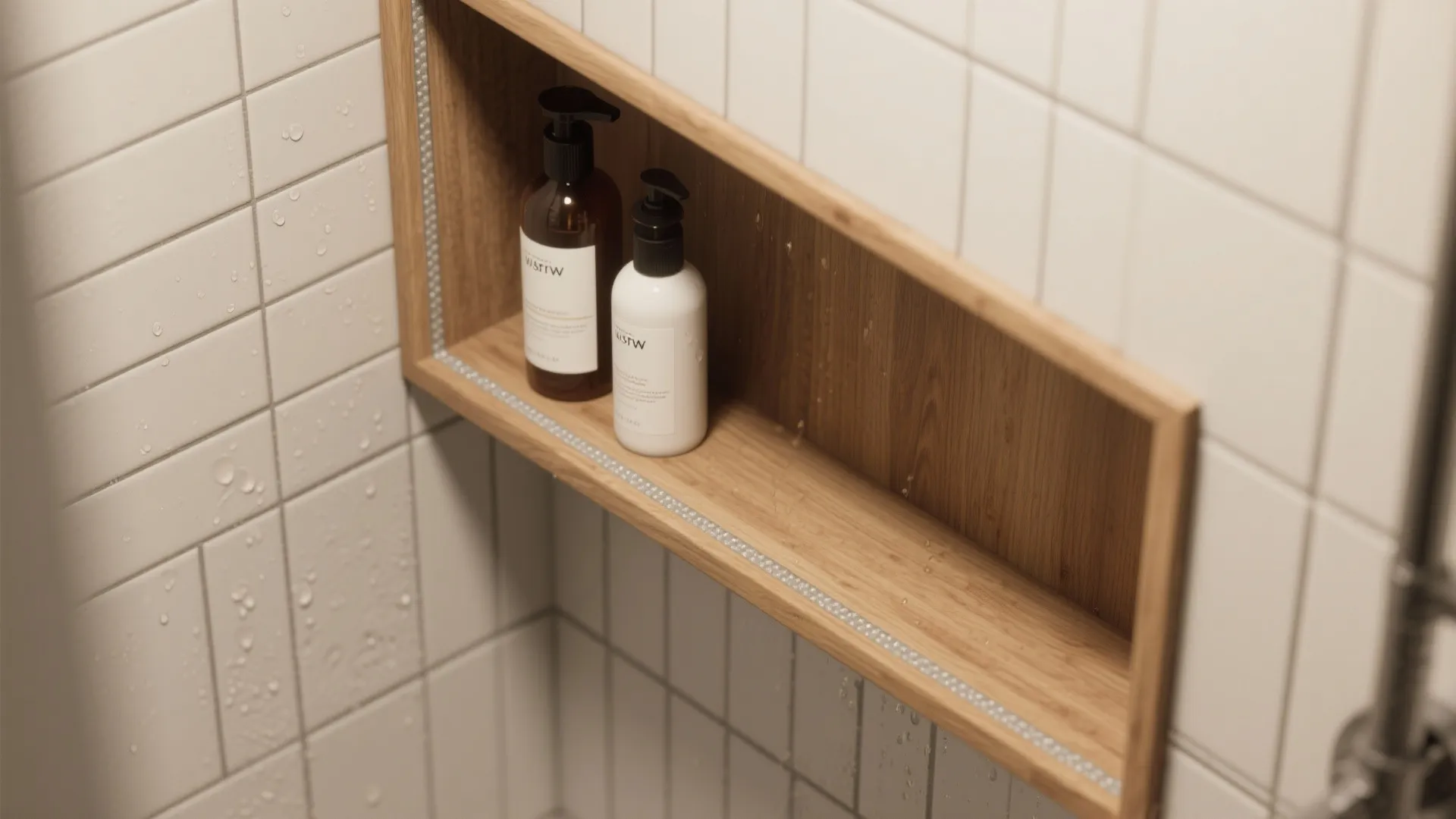 4. Integrated niche shelving in white oak for shower storage