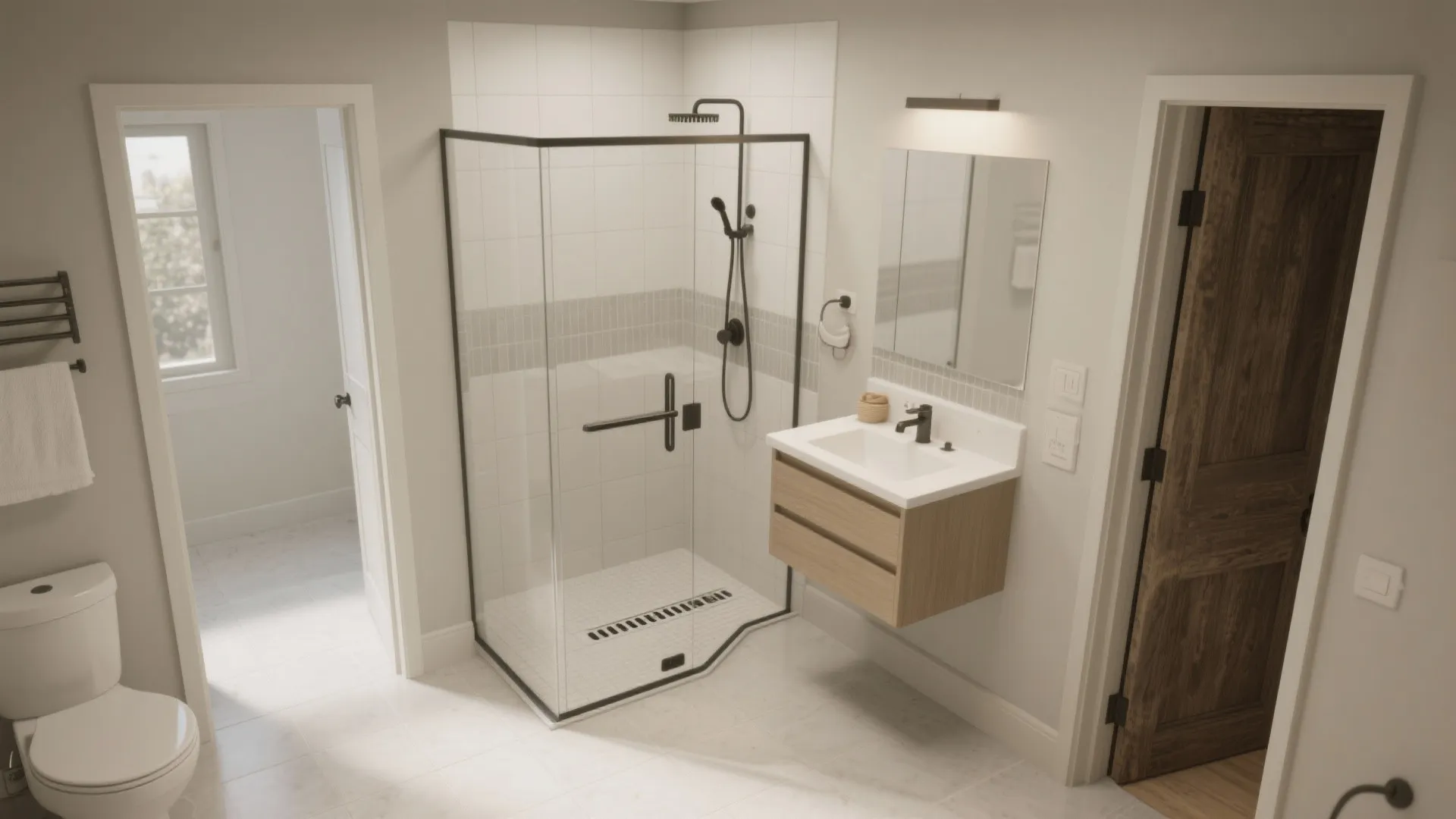 Bright bathroom interior design drawing featuring glass shower area wooden sink cabinet and white toilet