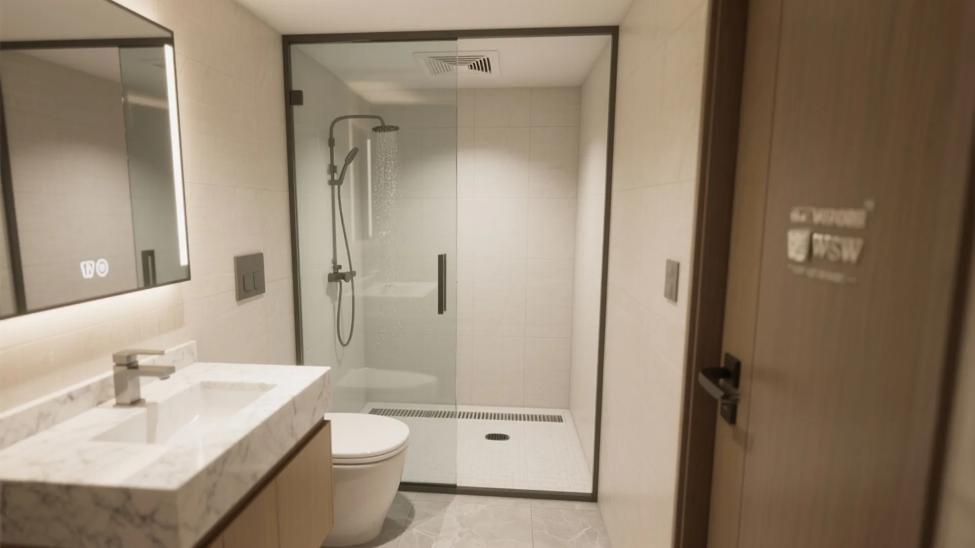 Small bathroom interior featuring a walk in glass shower toilet sink and wall light fixture