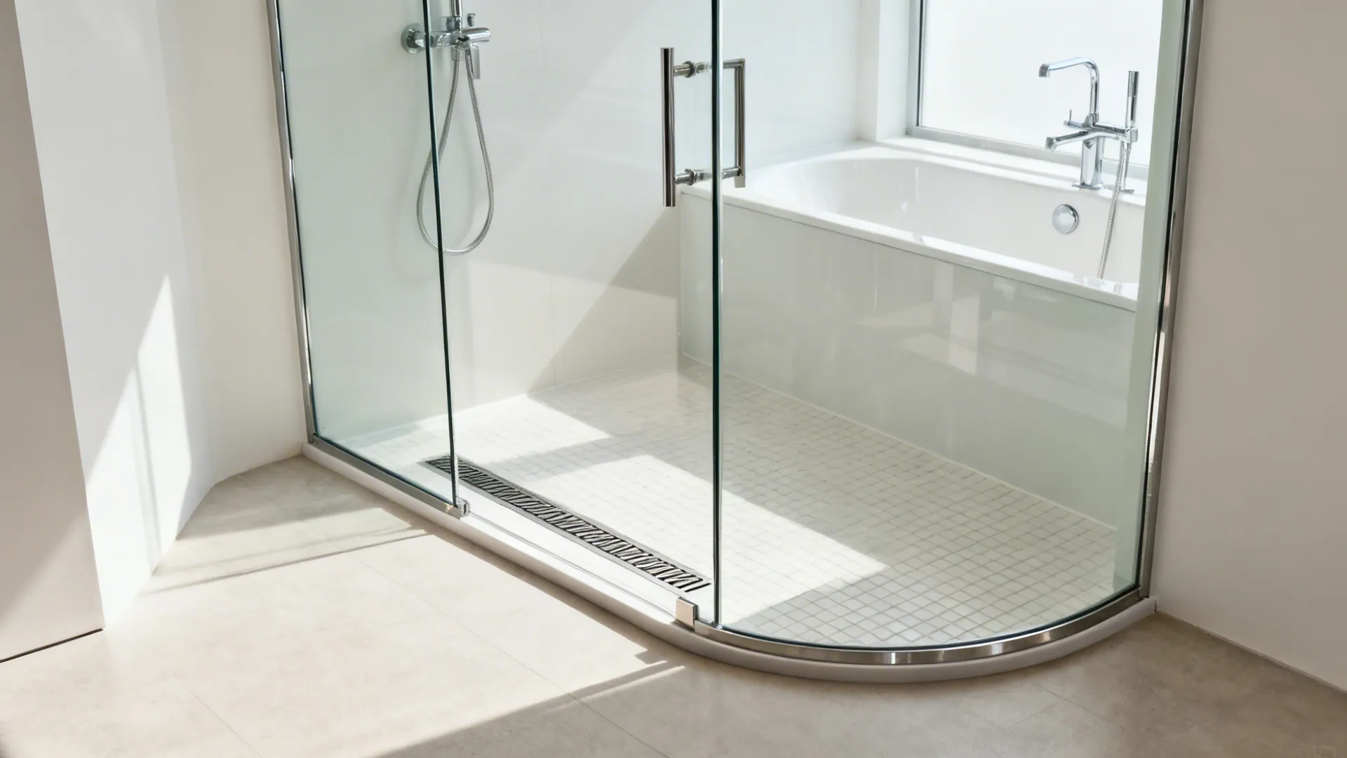 Small bathroom shower-over-tub with frameless glass divider and linear drain
