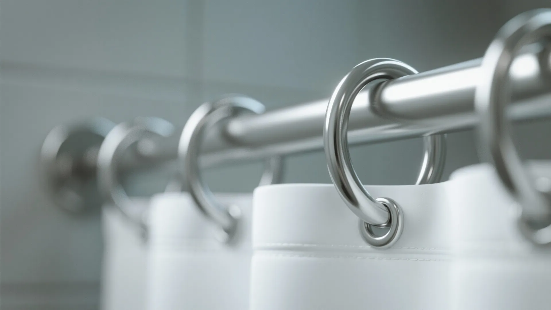 Close up of silver metal shower curtain rings hanging on a matching round metal hanging rod