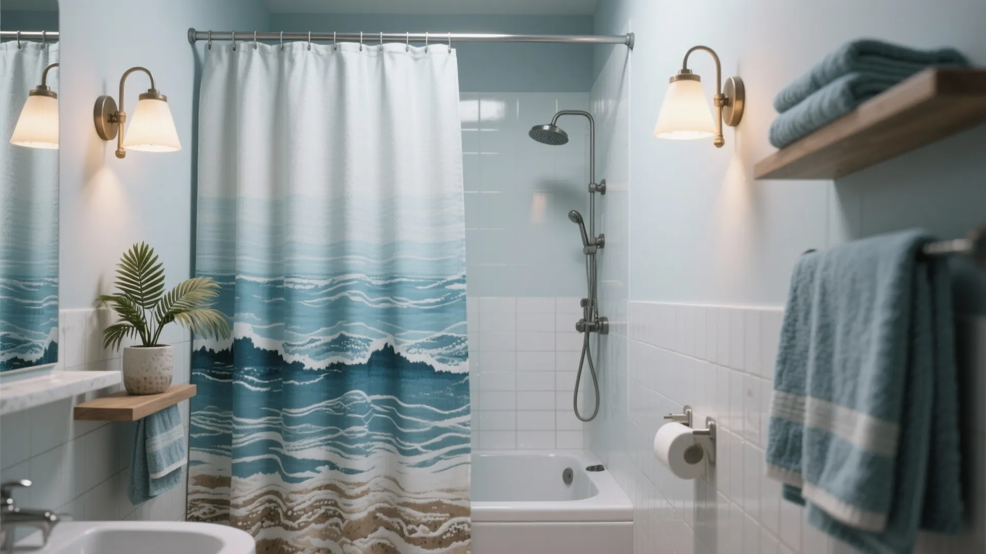 5. Statement Shower Curtain, Wall Sconces, and Greenery