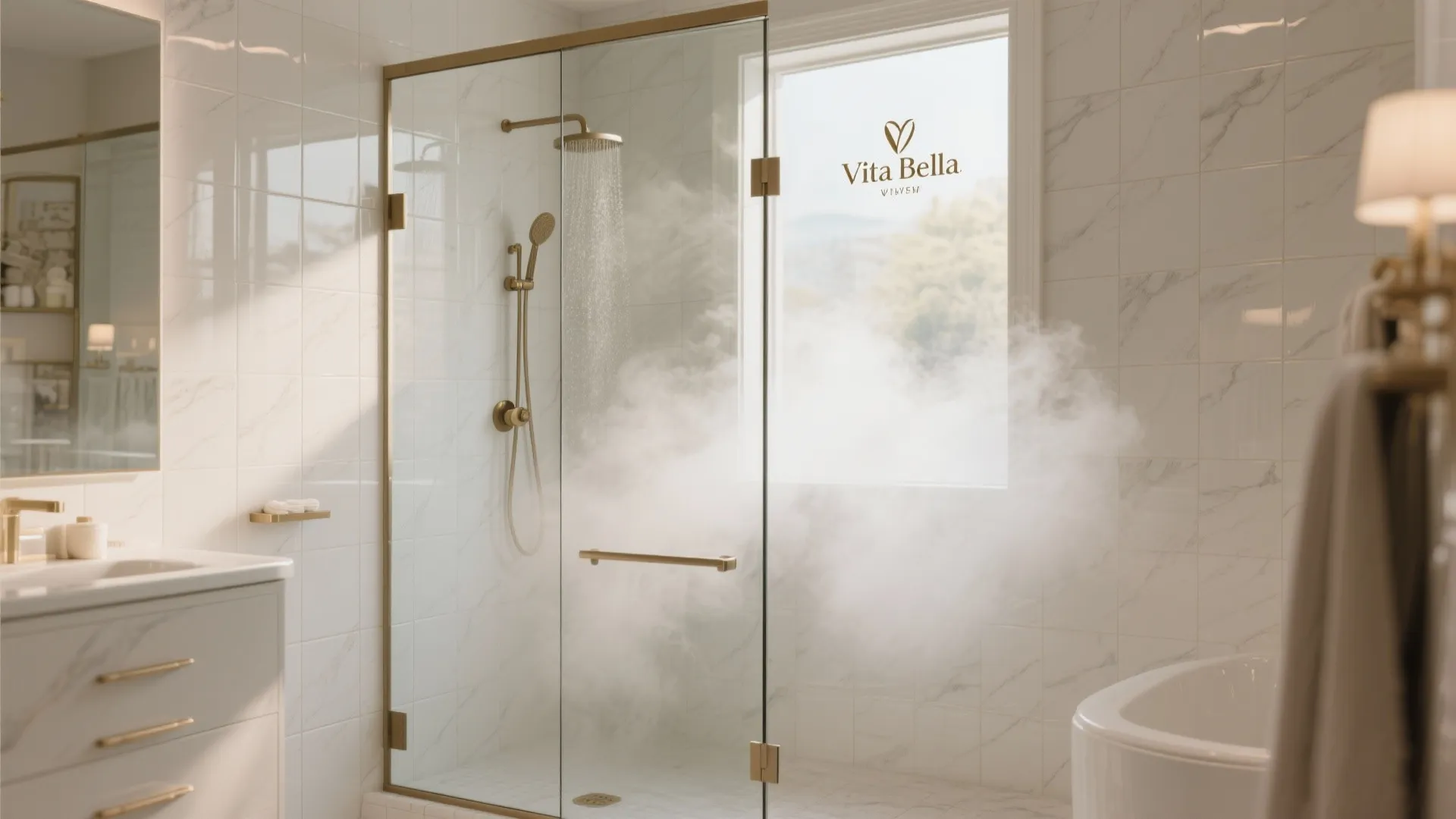 Modern bathroom featuring glass shower cabin with steam gold fixtures white wall tiles and bathtub