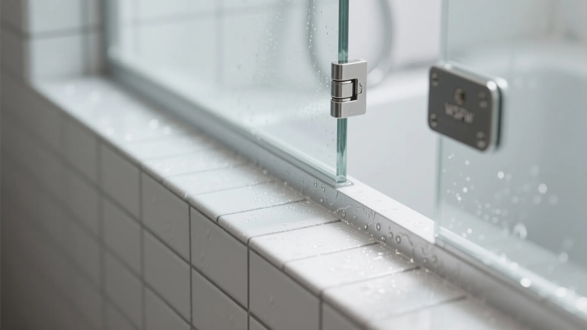 Close up of glass shower door metal hinge on white tiled ledge with water droplets visible