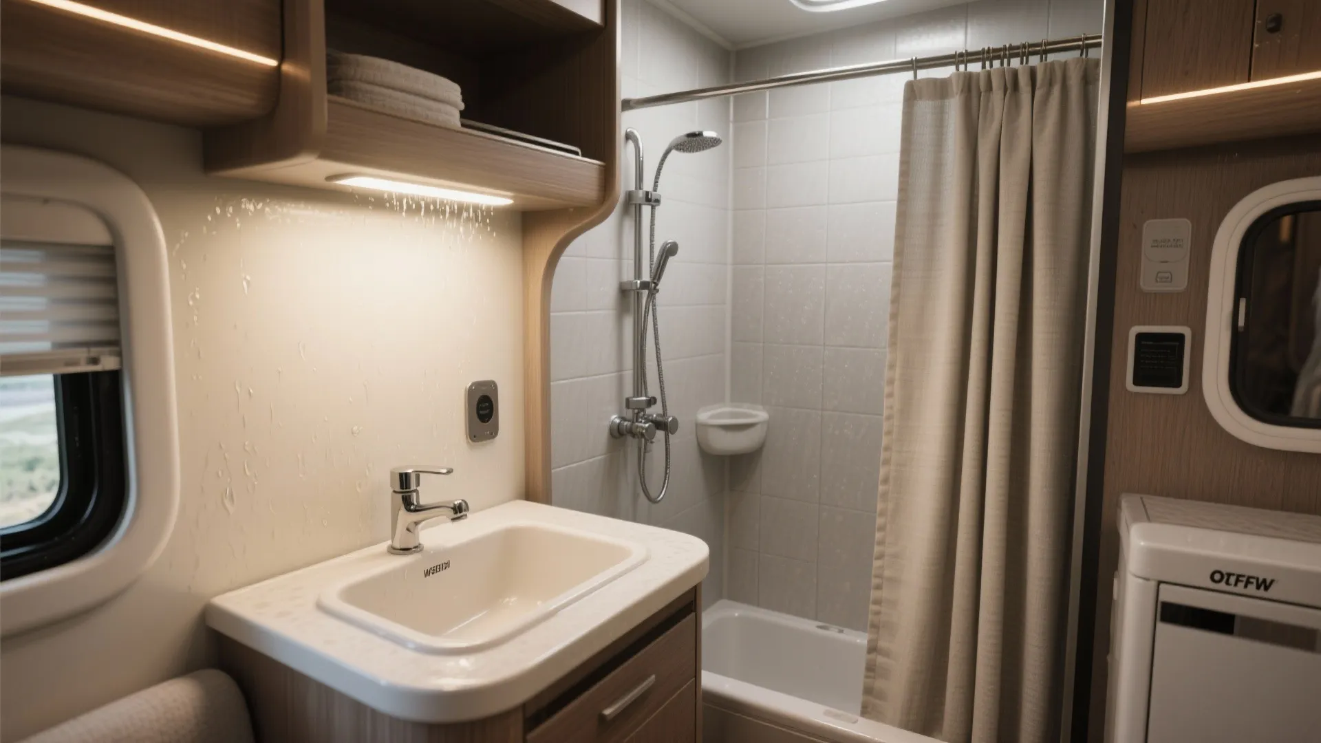 Integrated shower and sink wet wall in an RV with water-resistant materials and sealed edges.