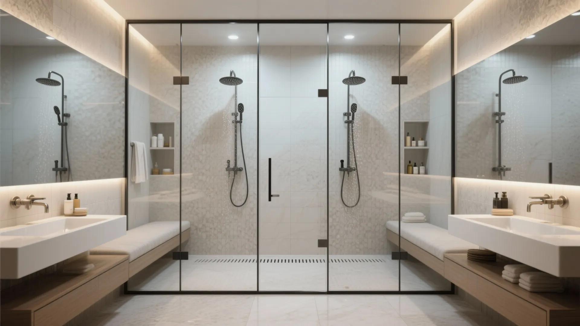 Modern double walk-in shower room with glass doors plus matching sinks and long wooden benches