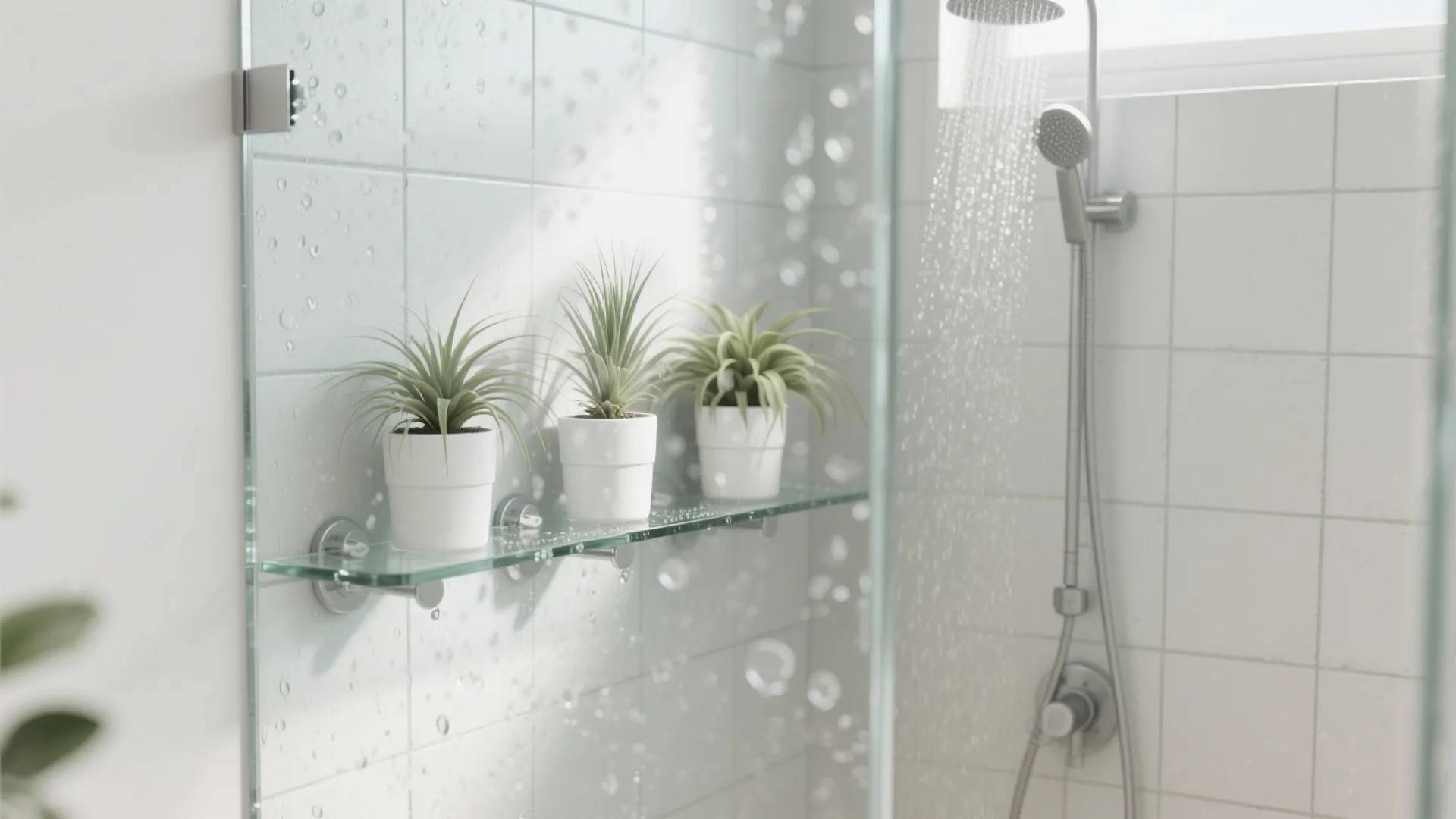 Glass shower with suction planters holding air plants on a clear ledge above splash zone.