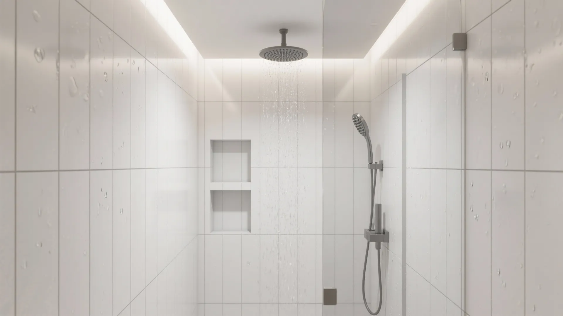 White bathroom shower with round shower head spraying water onto clean white square tiled wall