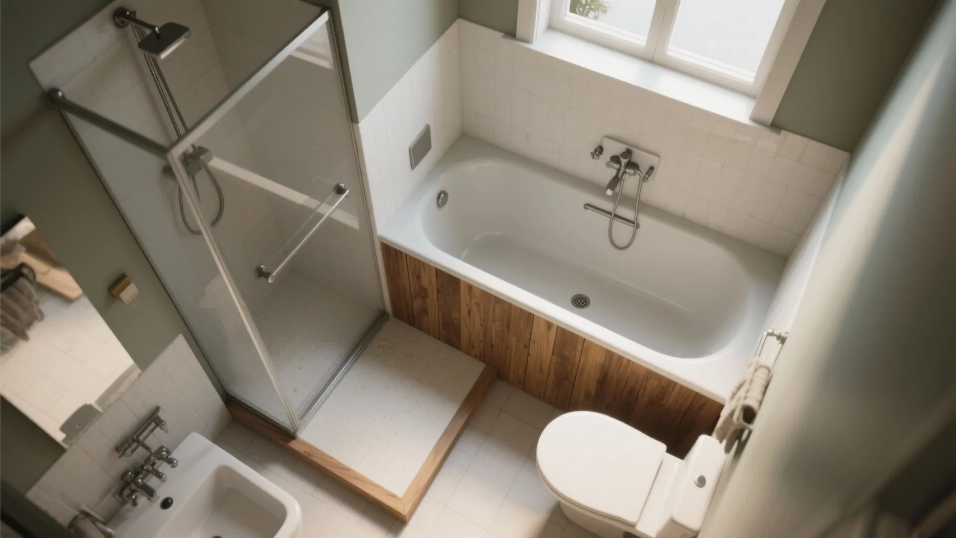 Top-down view of a shower stall converted into a compact wooden soaking tub with raised platform for plumbing