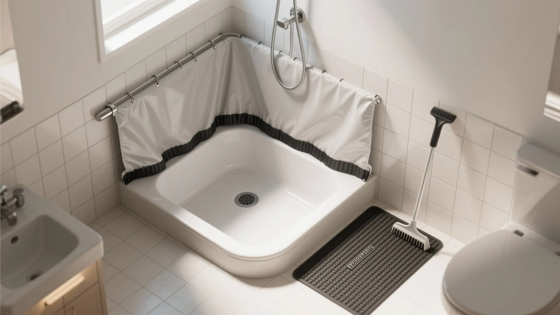 Portable shower kits and curtain-based wet zones