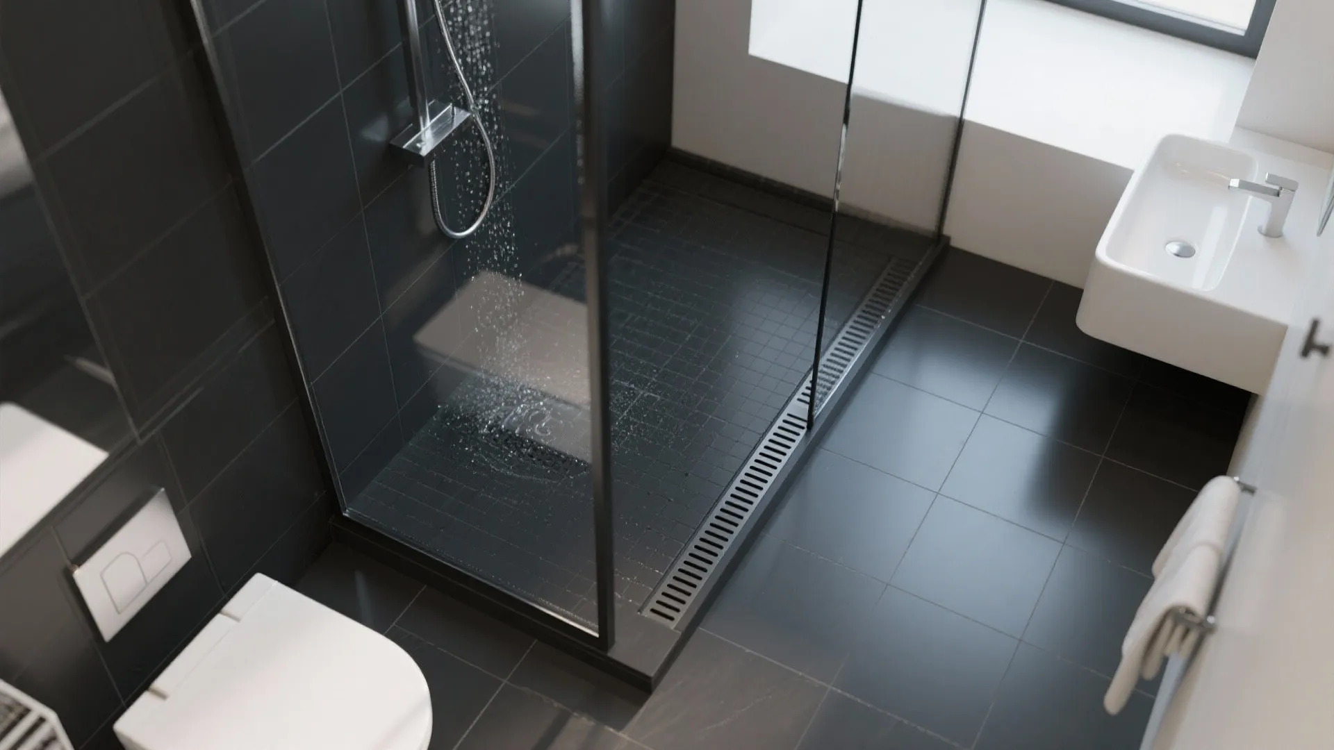 Seamless Walk-In Shower in Black Marble