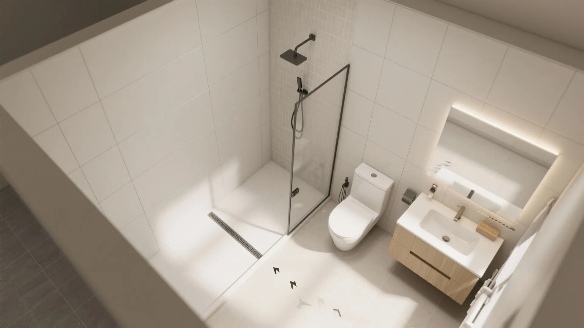 Curbless shower with clear glass panel