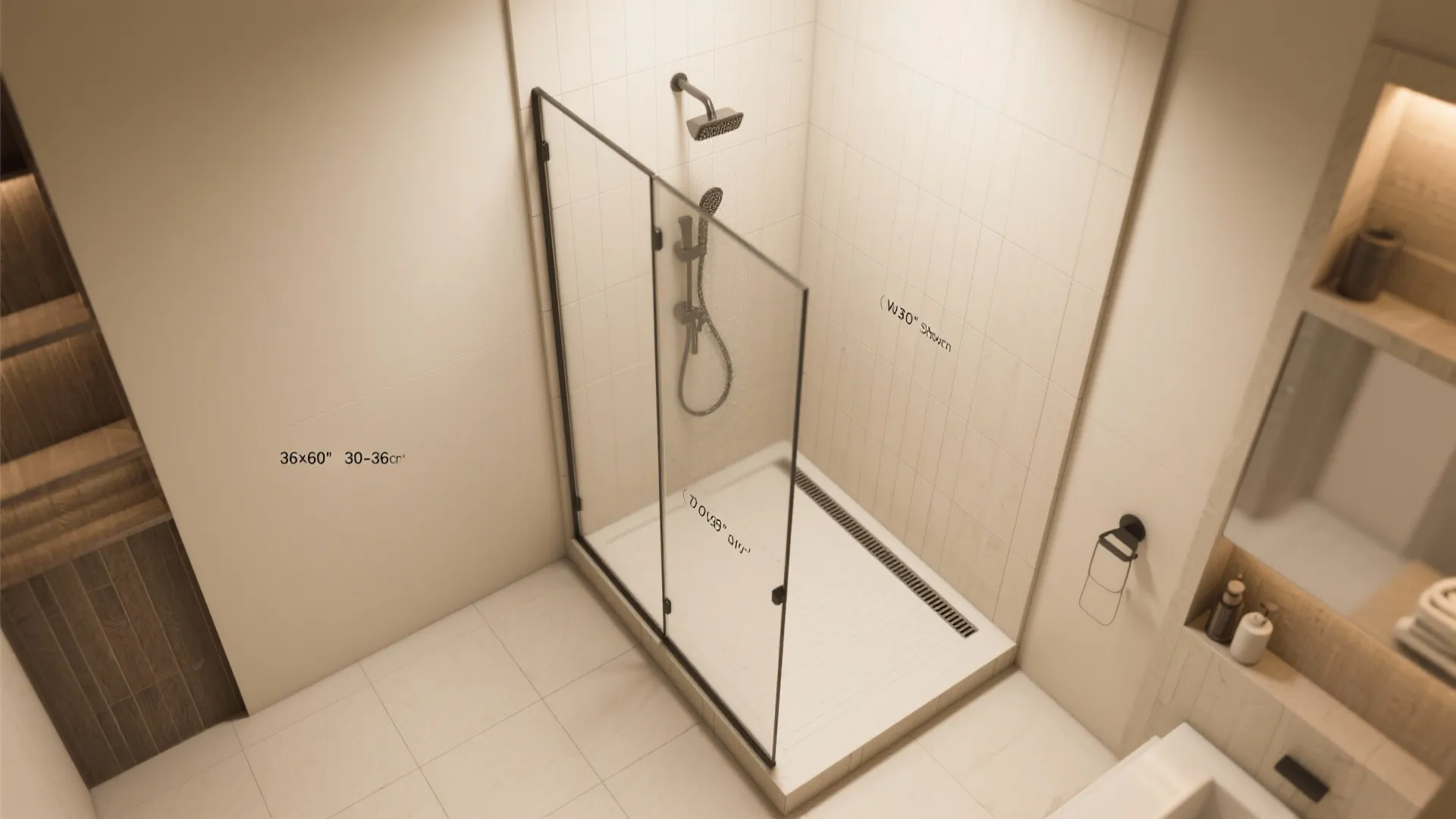 2) Glass shower with a floating bench and linear drain