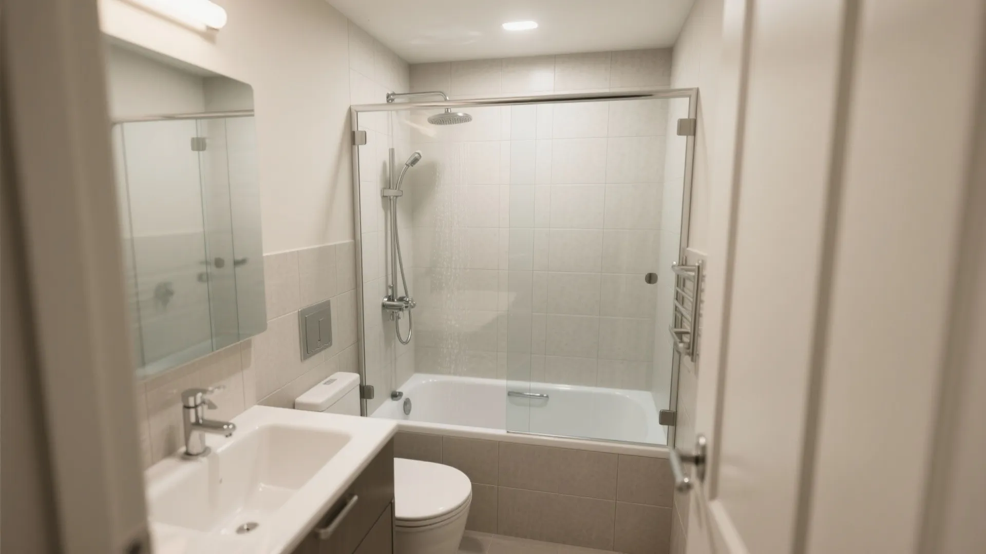 Small bathroom layout with white bathtub glass shower door sink cabinet and a white toilet