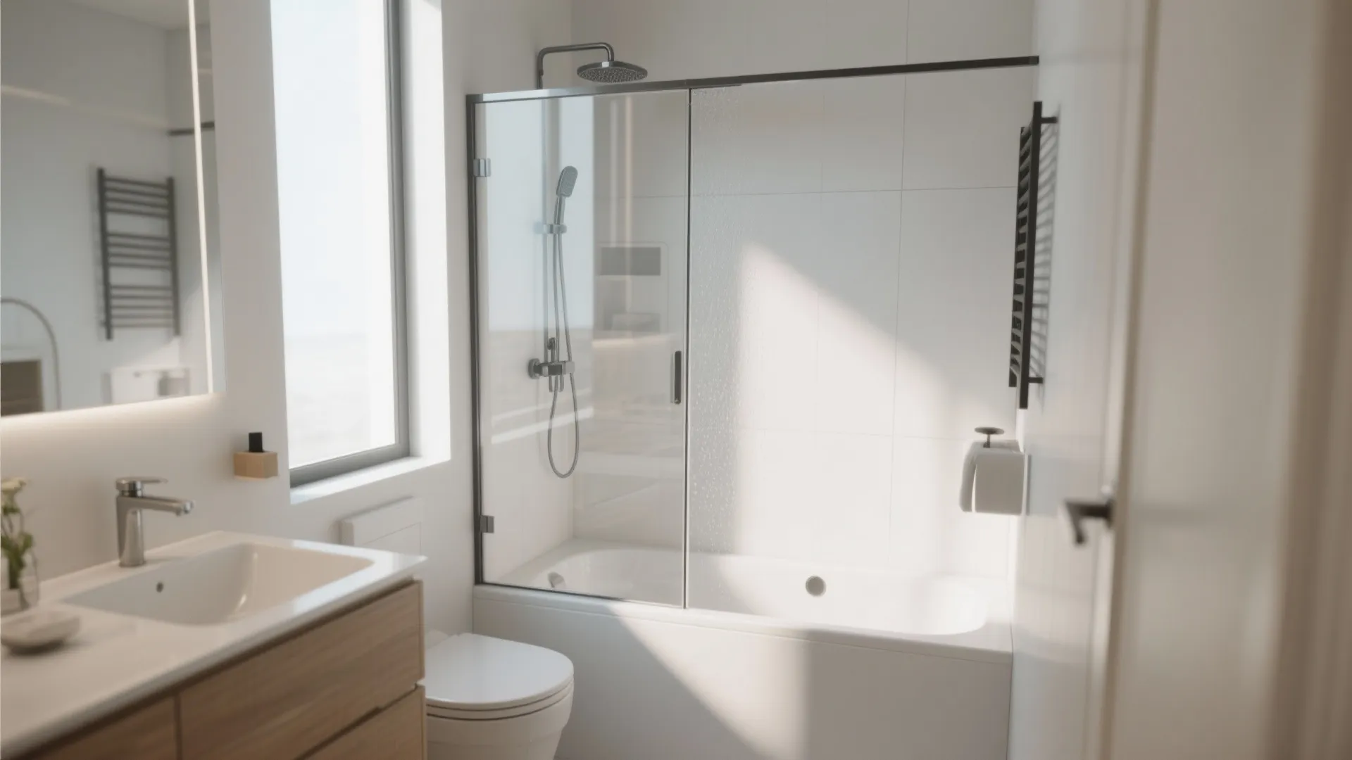 Bright white bathroom with a glass shower door over the bathtub and wooden sink cabinet
