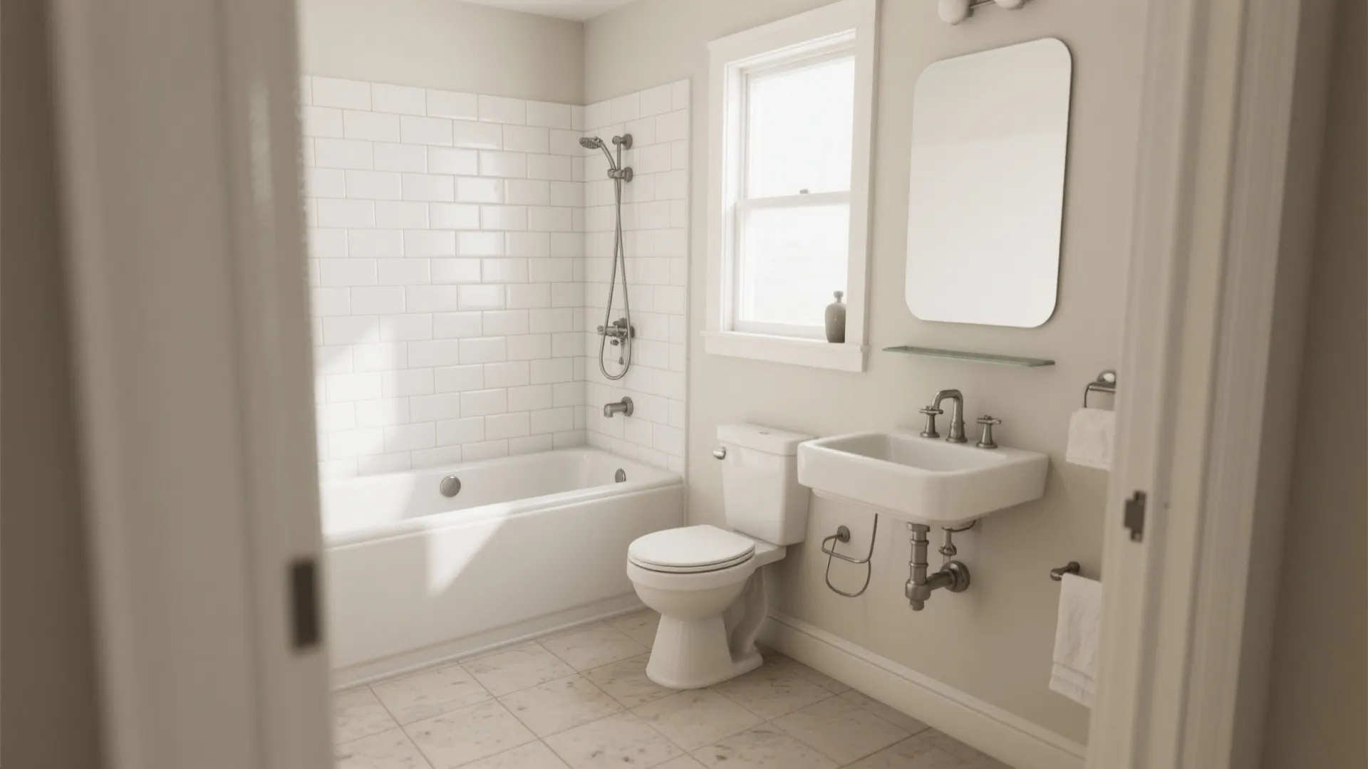 Small bathroom with white subway tile shower bathtub toilet sink mirror and natural window light