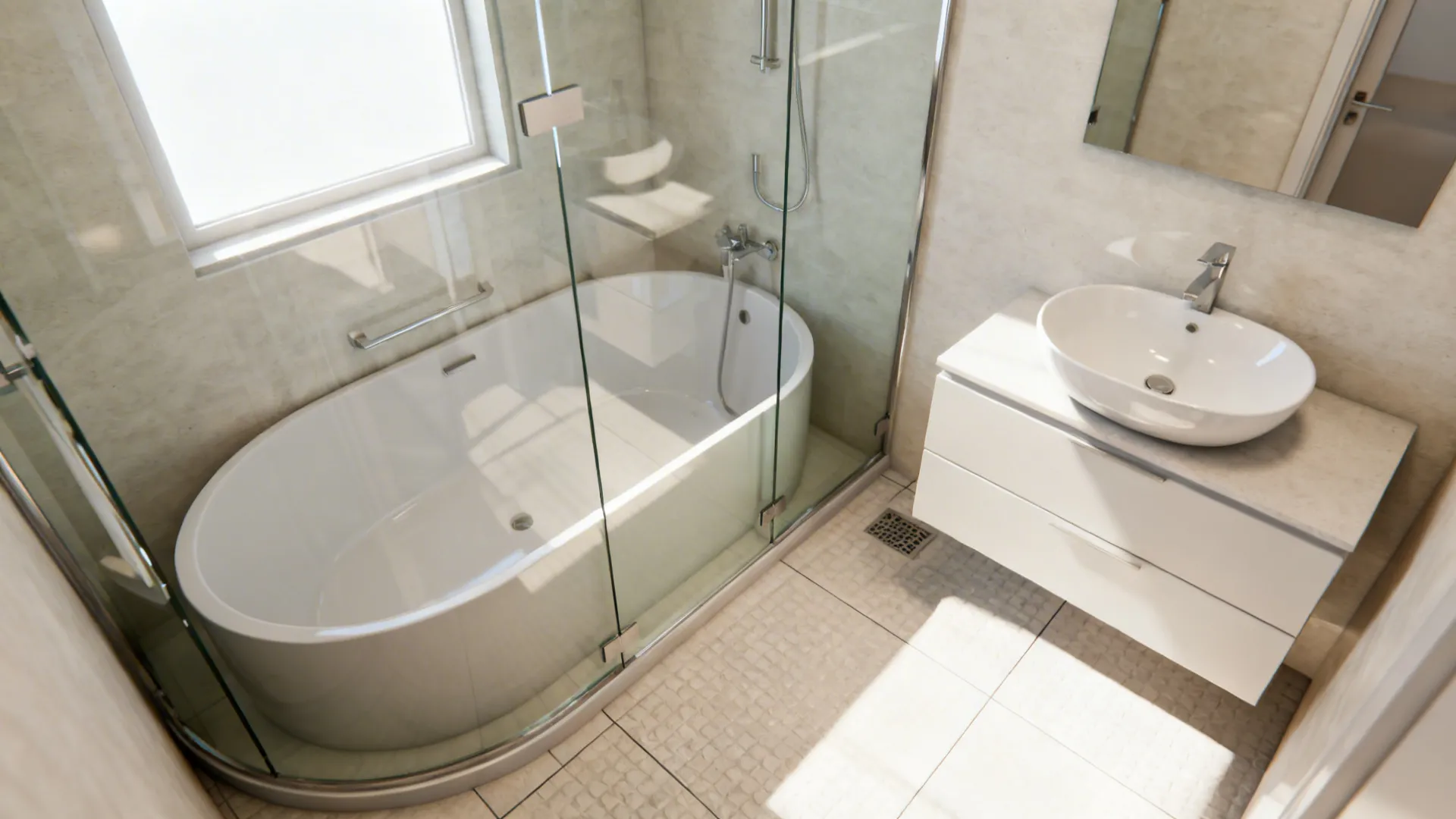 Small bathroom shower-tub combo with frameless glass partition and oval basin