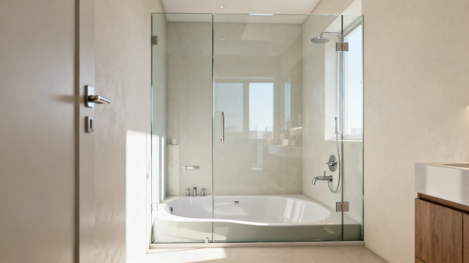 Compact shower-tub combo with frameless glass partition and curved tub edge in a small bathroom