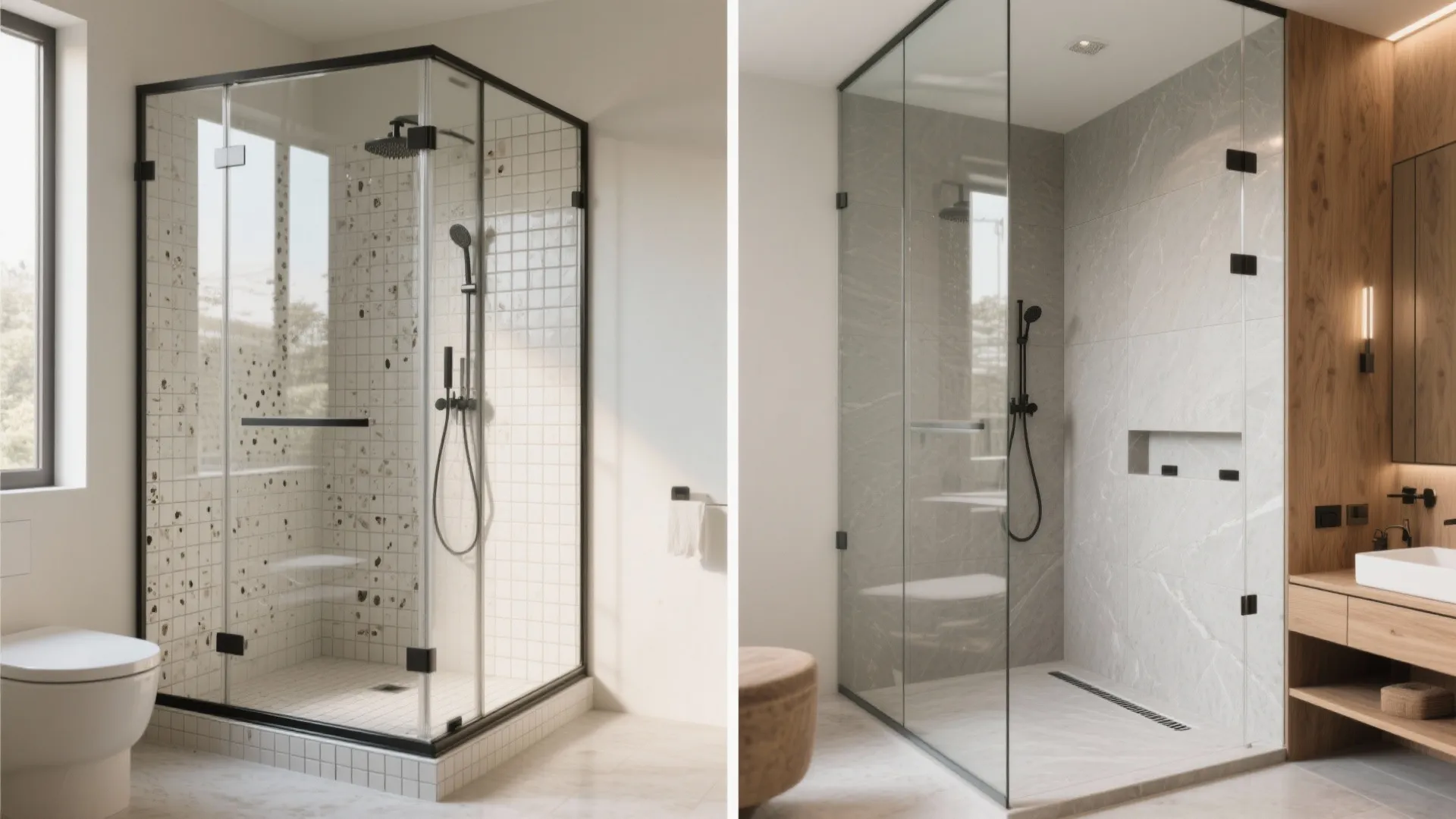 Frameless Glass and Slab Surfaces Inside the Shower