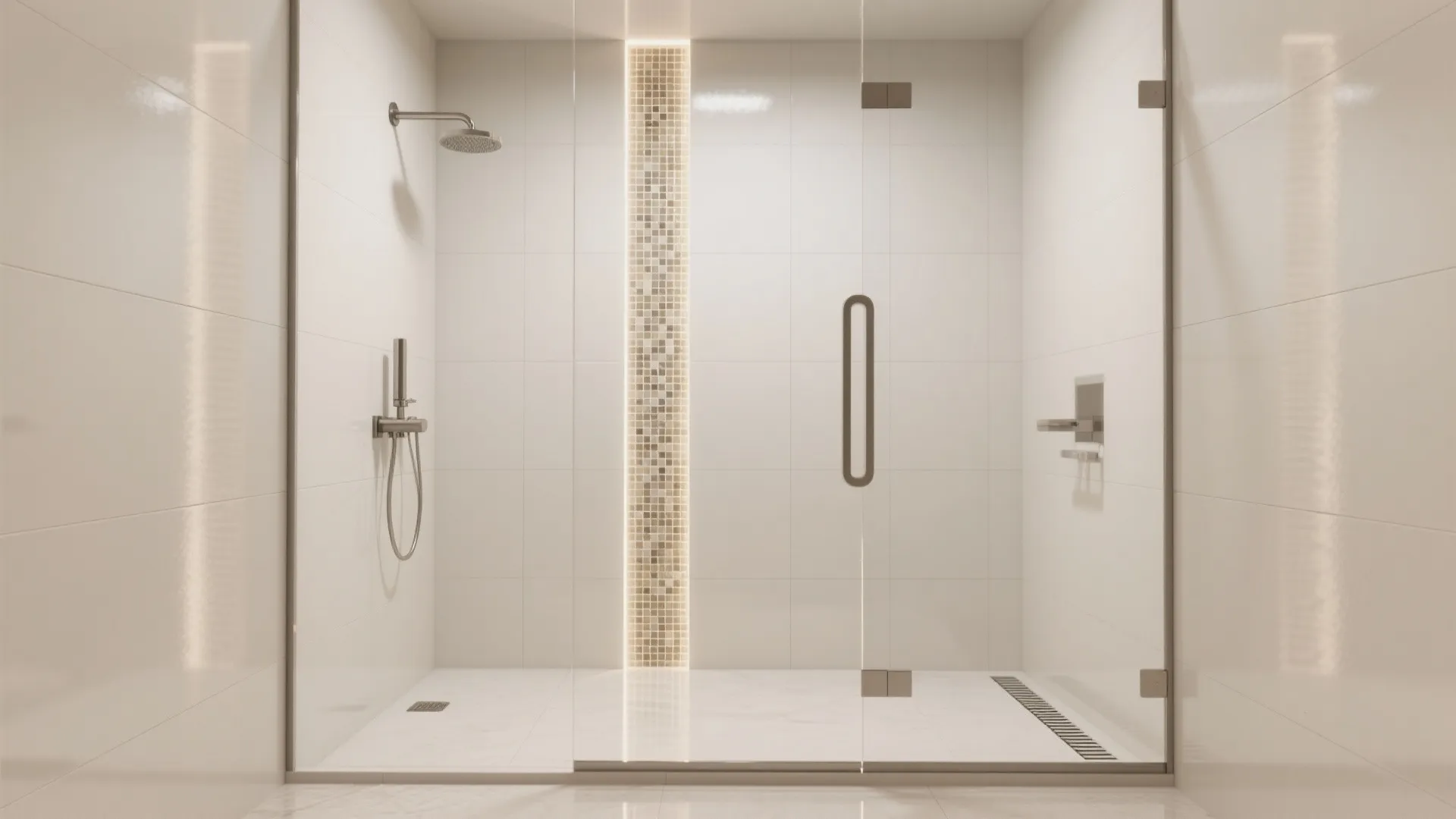 Modern white walk-in shower with glass door featuring a vertical mosaic tile strip and lighting