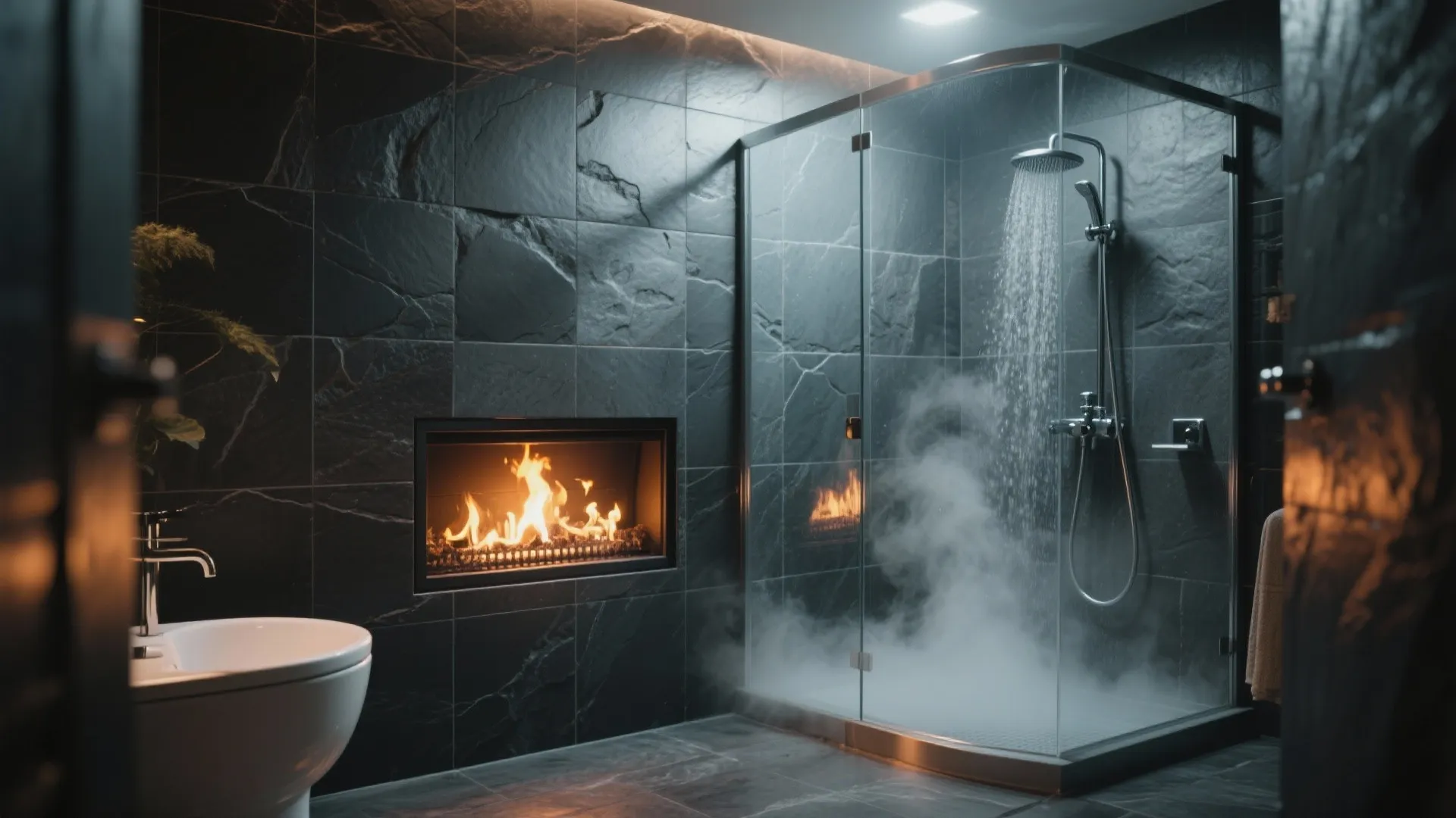 Modern dark bathroom with black stone wall tiles integrated fireplace glass shower cabin and white sink