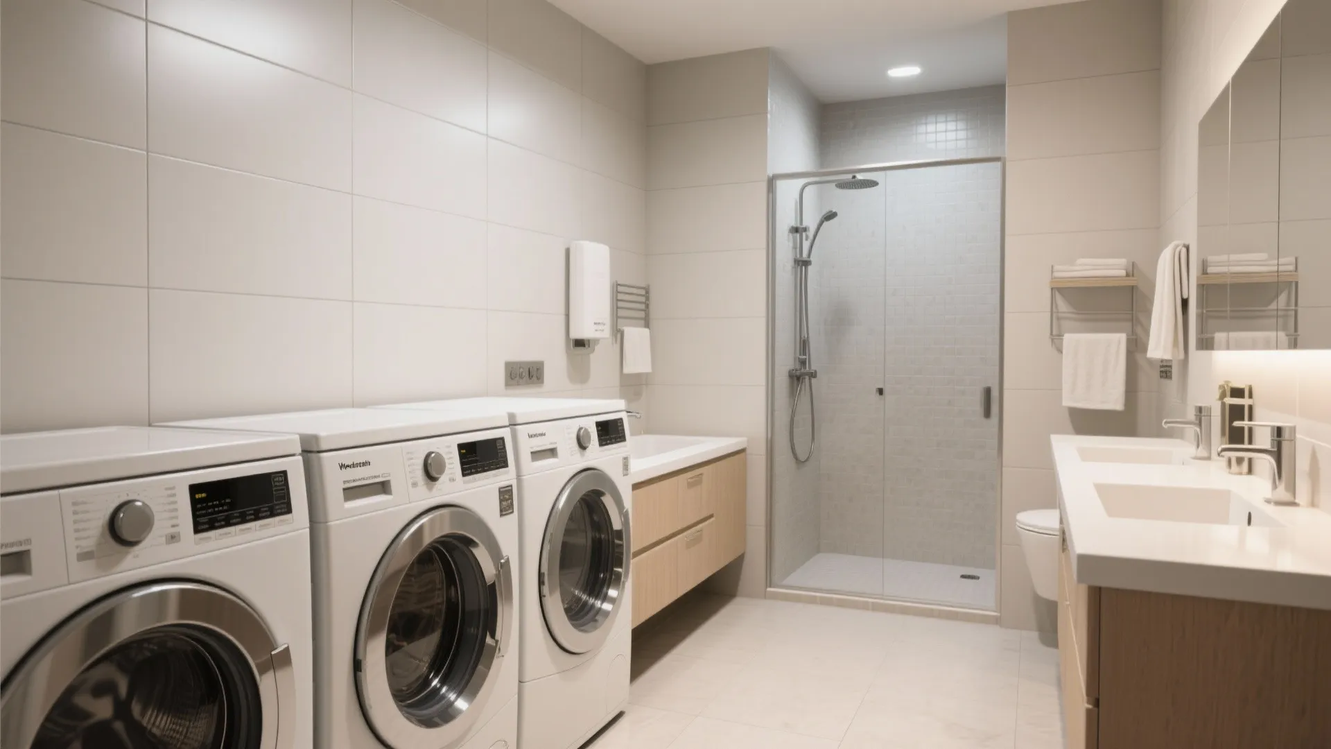 Bright bathroom interior with three washing machines side by side and a glass shower stall