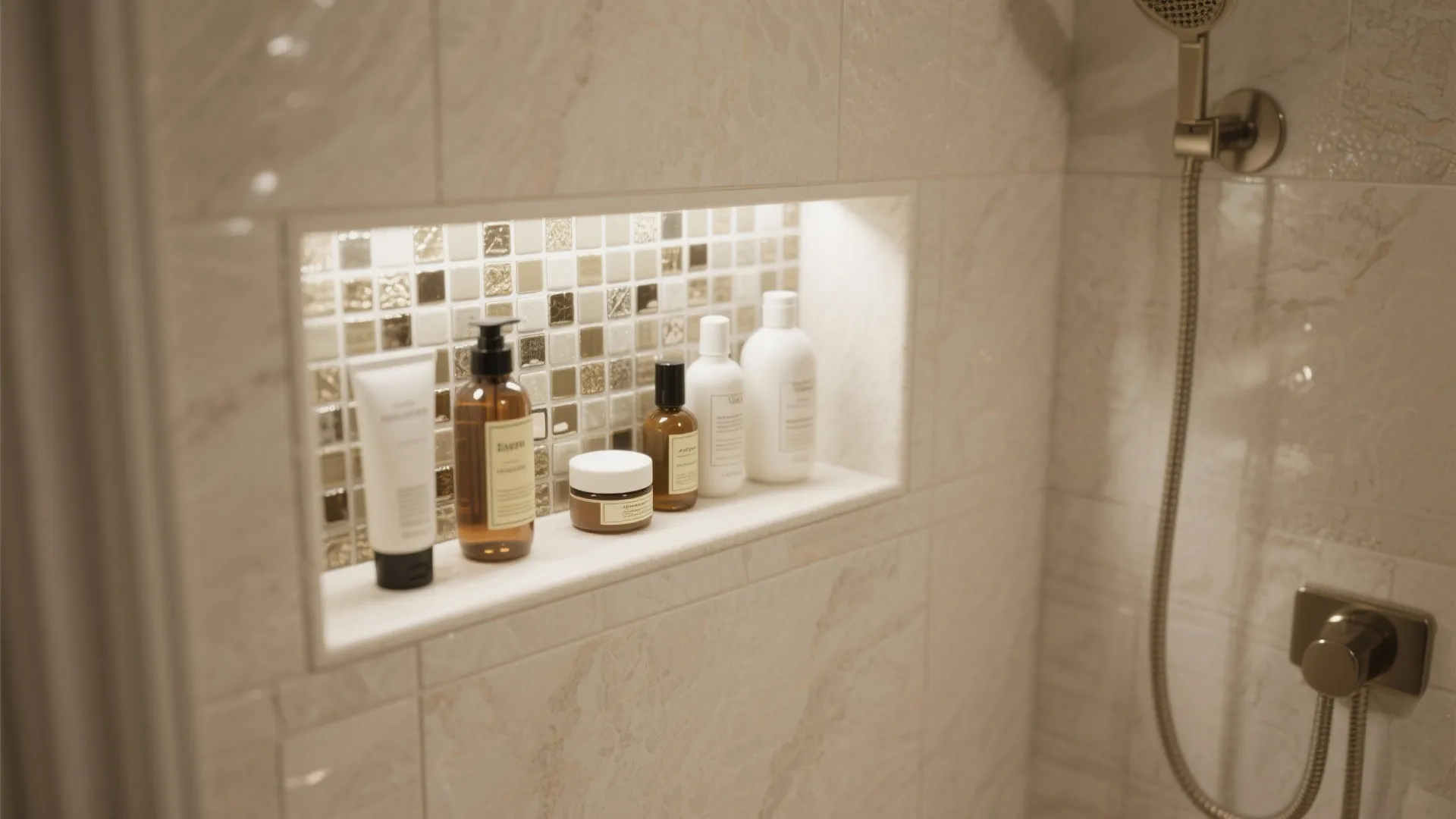 Modern shower wall shelf with mosaic tiles holding bathroom soap bottles and small skincare products