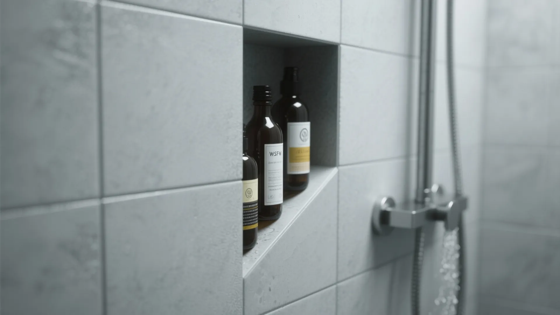 Shower wall niche with bath products and soft grey tiles