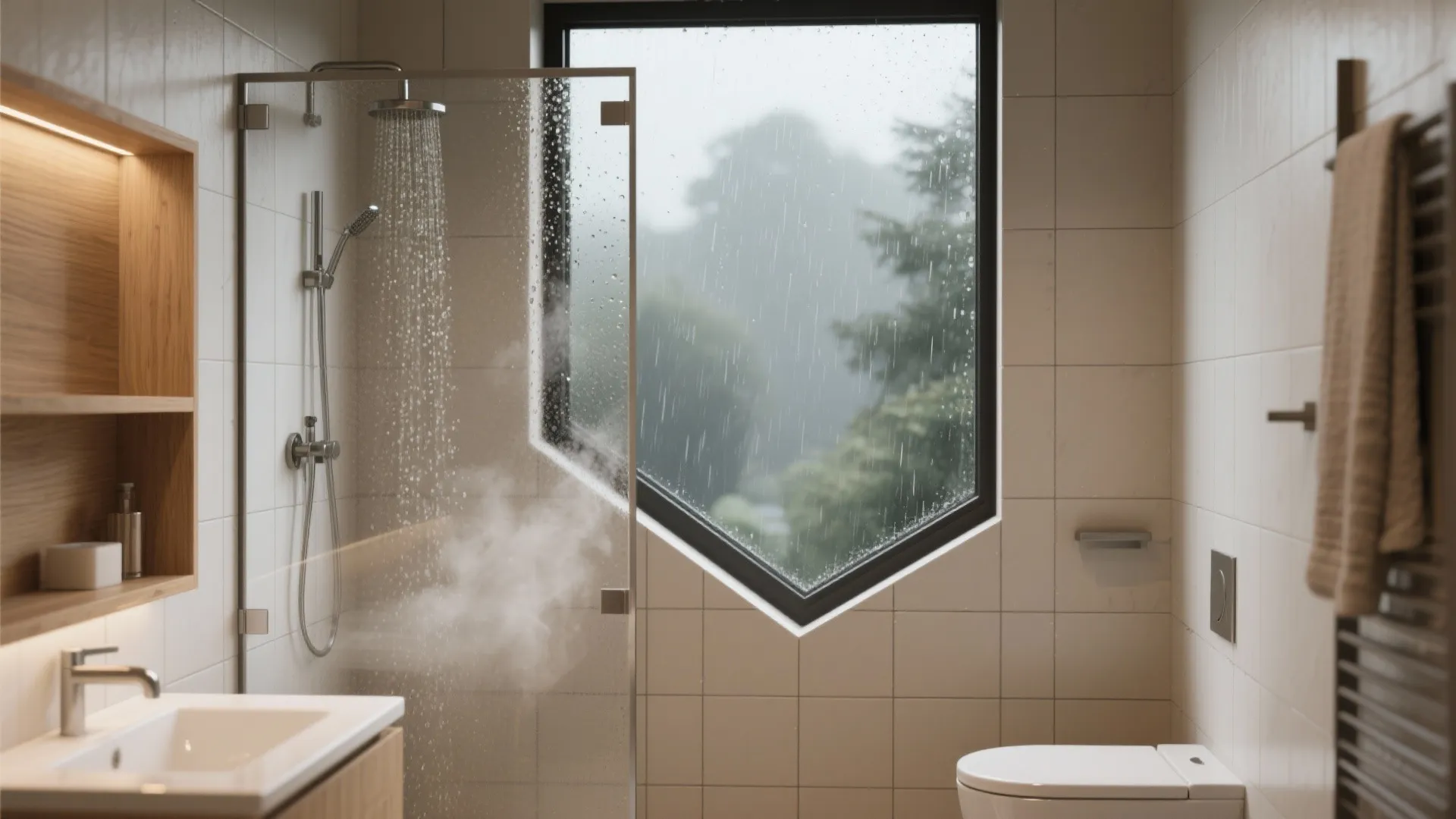 Modern bathroom with glass shower enclosure next to large window showing rainy green garden view