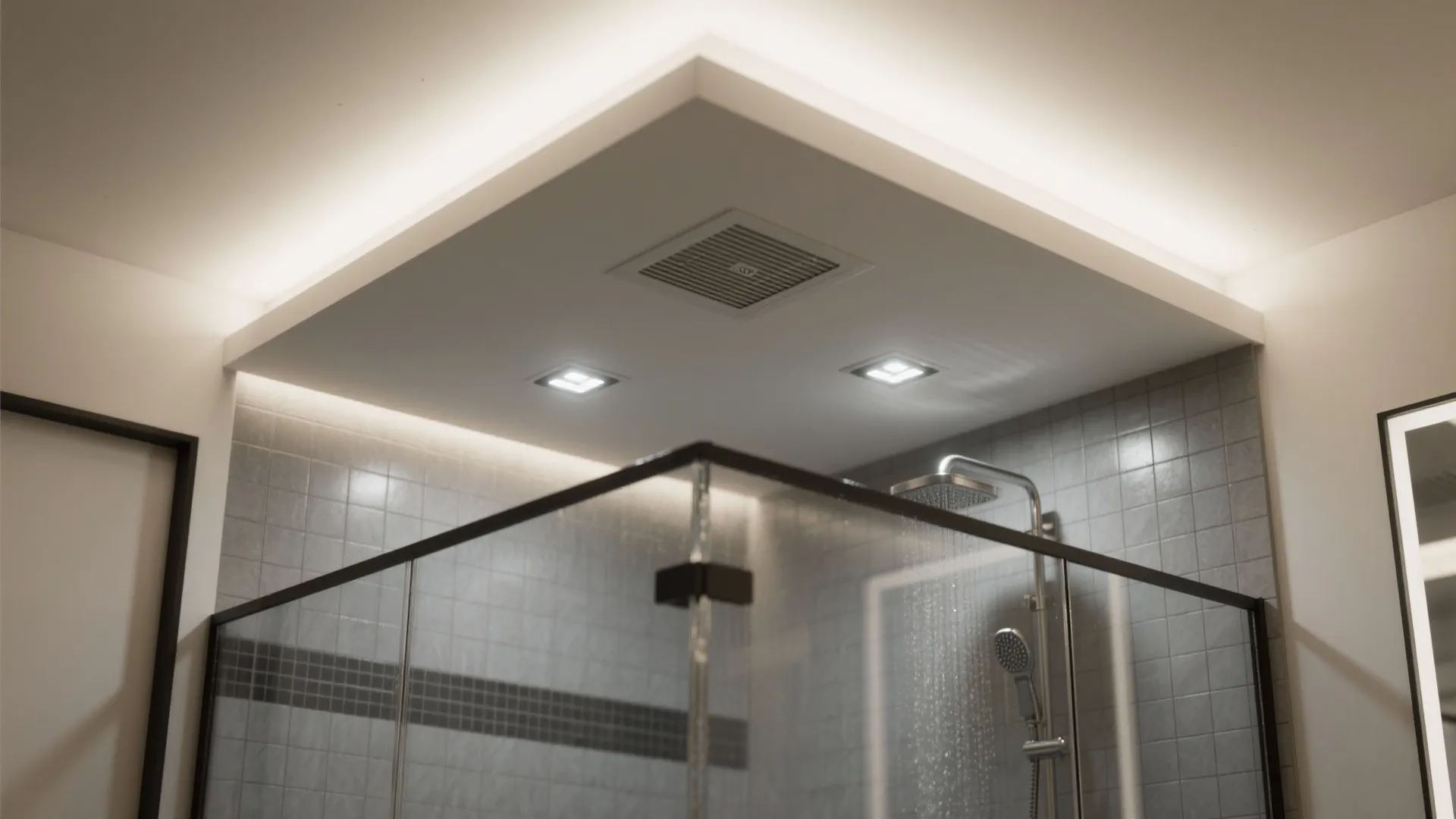 Zoned drop over the shower: steam‑safe and dramatic