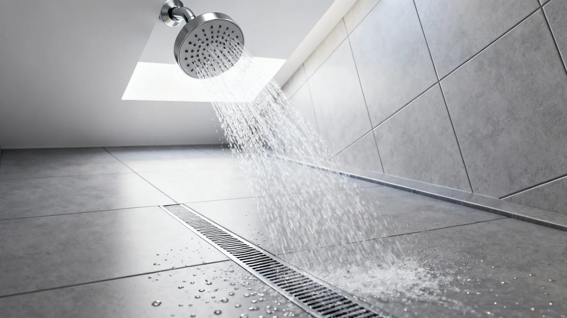 Ceiling-mounted showerhead and linear drain showing directed water flow.