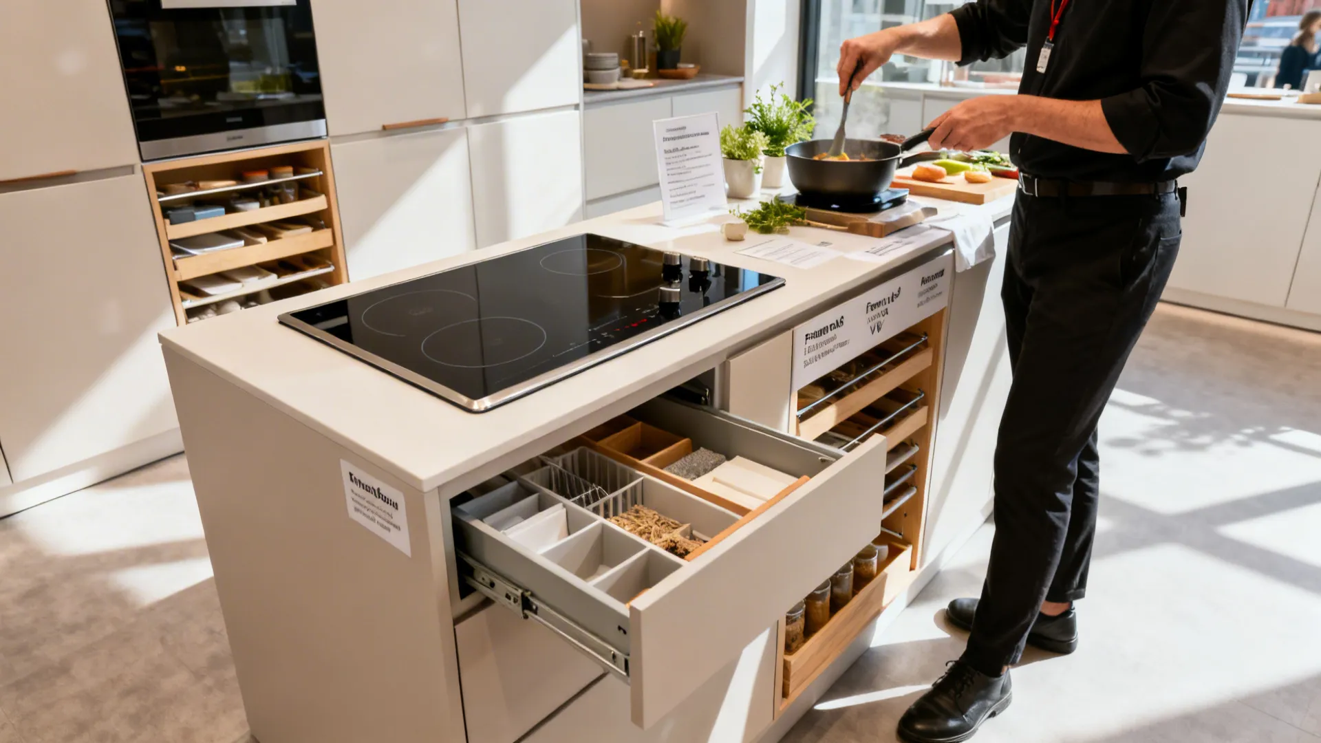 Showroom compact kitchen with induction cooktop and organized drawer storage beneath.