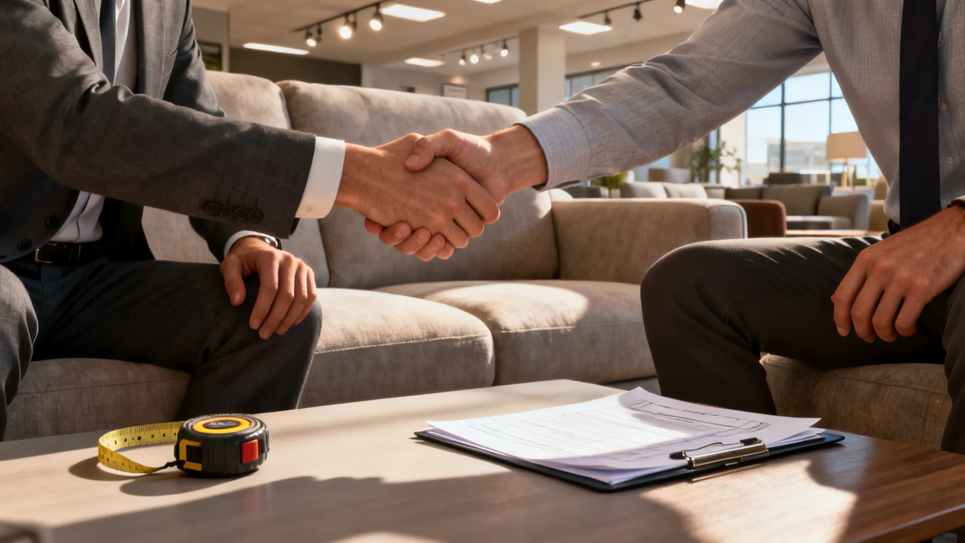 Customer and salesperson sealing a deal in a furniture showroom beside a sofa.
