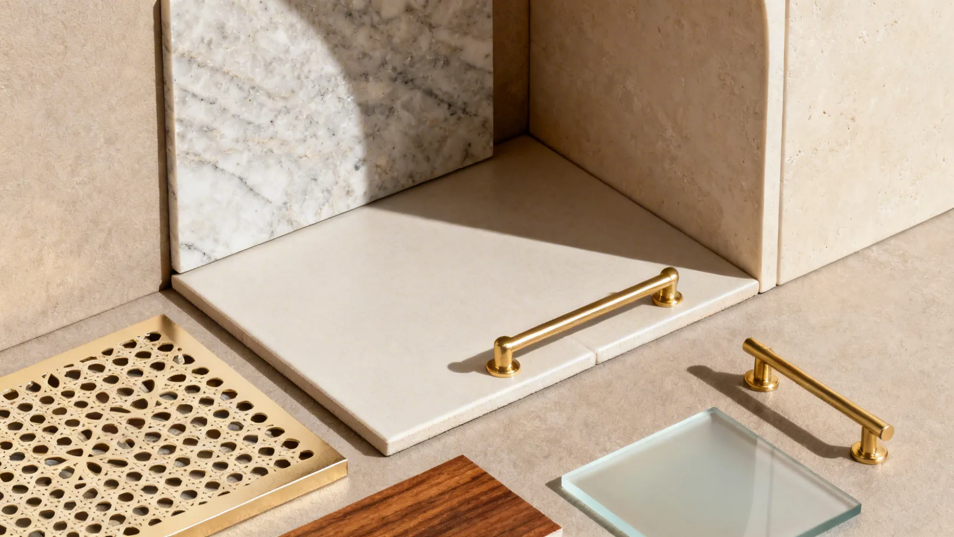 Flat lay of quartz, porcelain tile, jali panel, brass hardware, wood finish, and frosted glass samples.