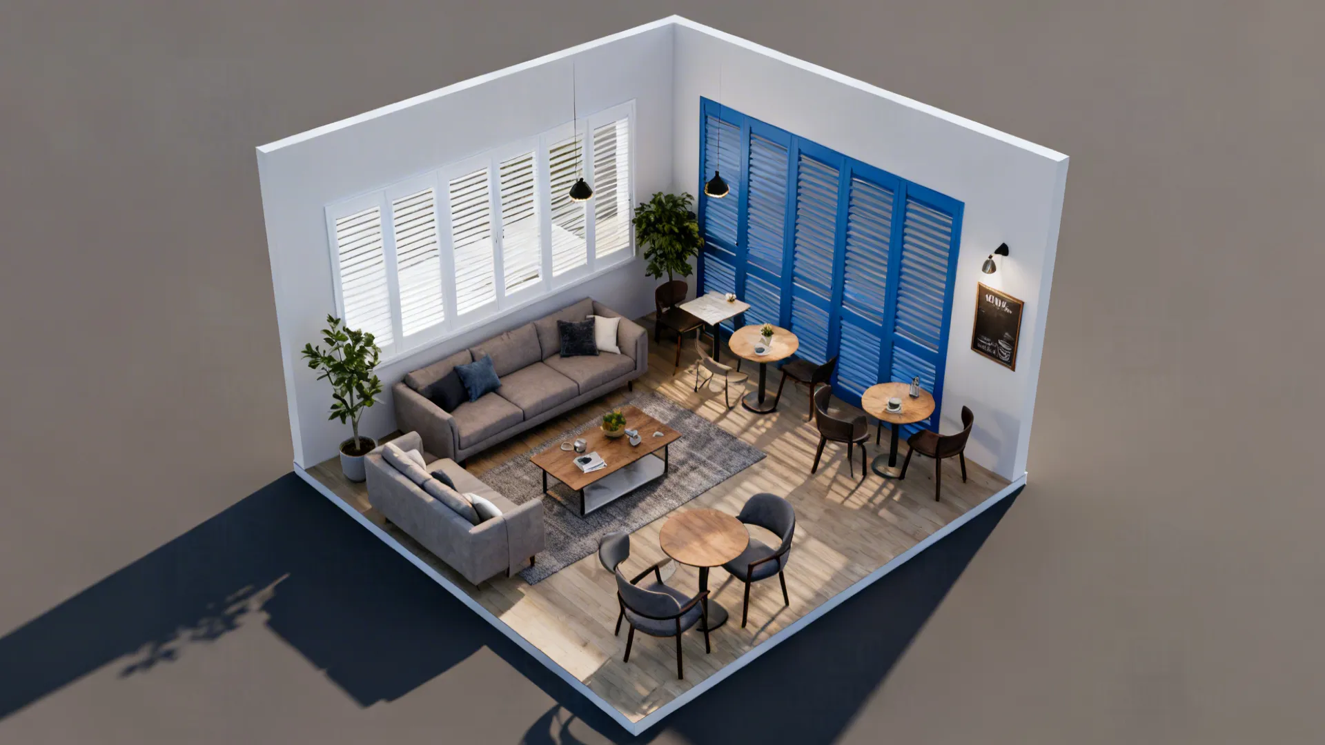 Top-down 3D mockup of a living room showing different shutter options and furniture layout