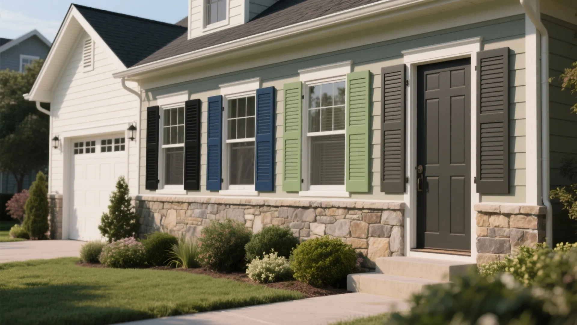 House exterior showing various window shutter colors including black blue and green on light walls