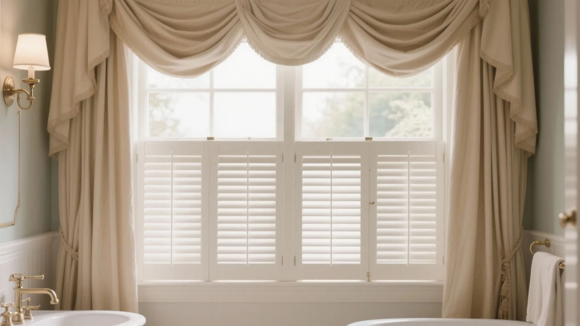Bathroom with plantation shutters and soft curtain combo