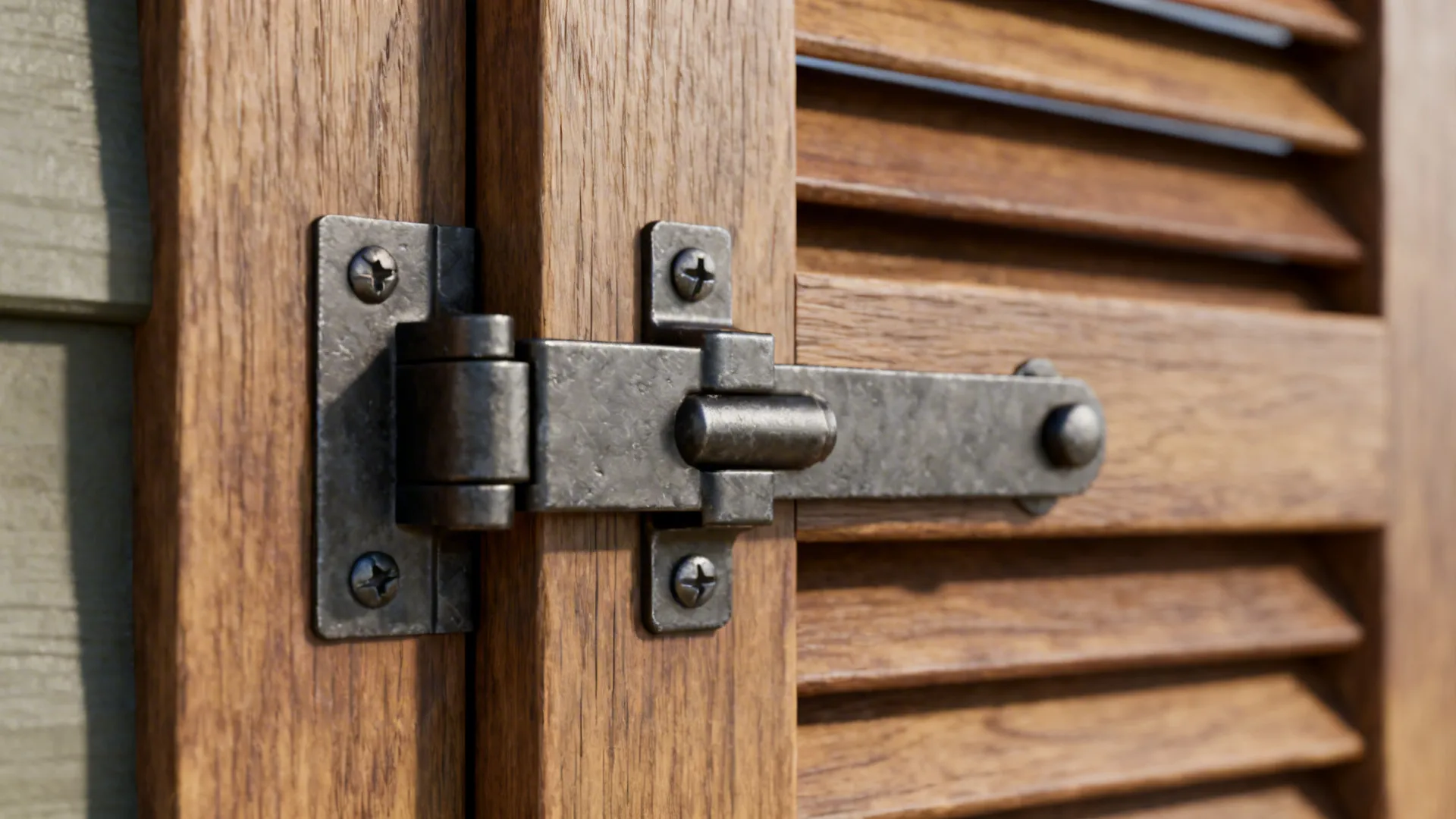 Close-up of plantation shutter hinge and reinforcement bracket showing hardware details