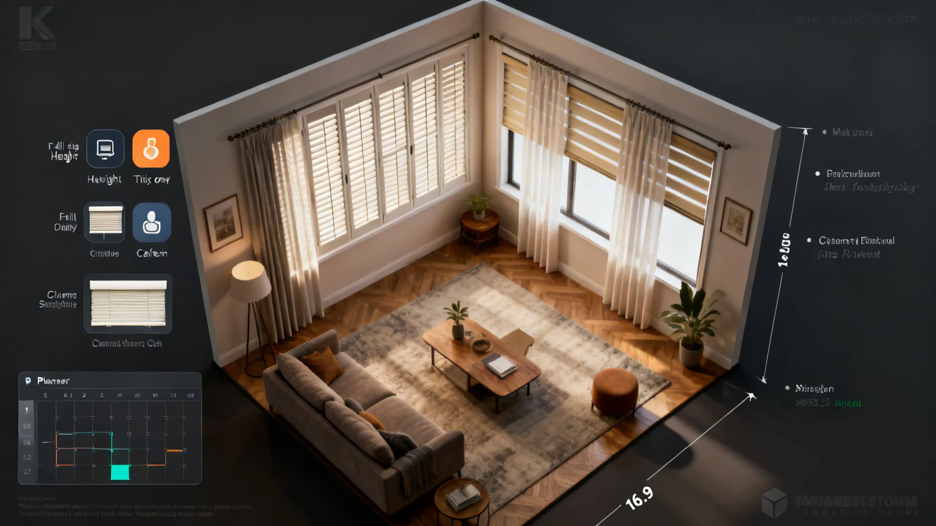Top-down room planner mockup showing different shutter options and furniture placement.