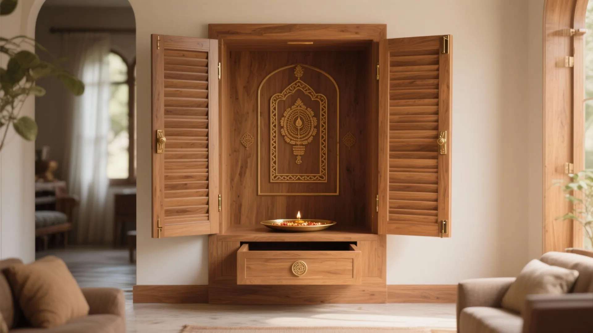 Large wood cabinet with open doors and a single light bowl in a bright room
